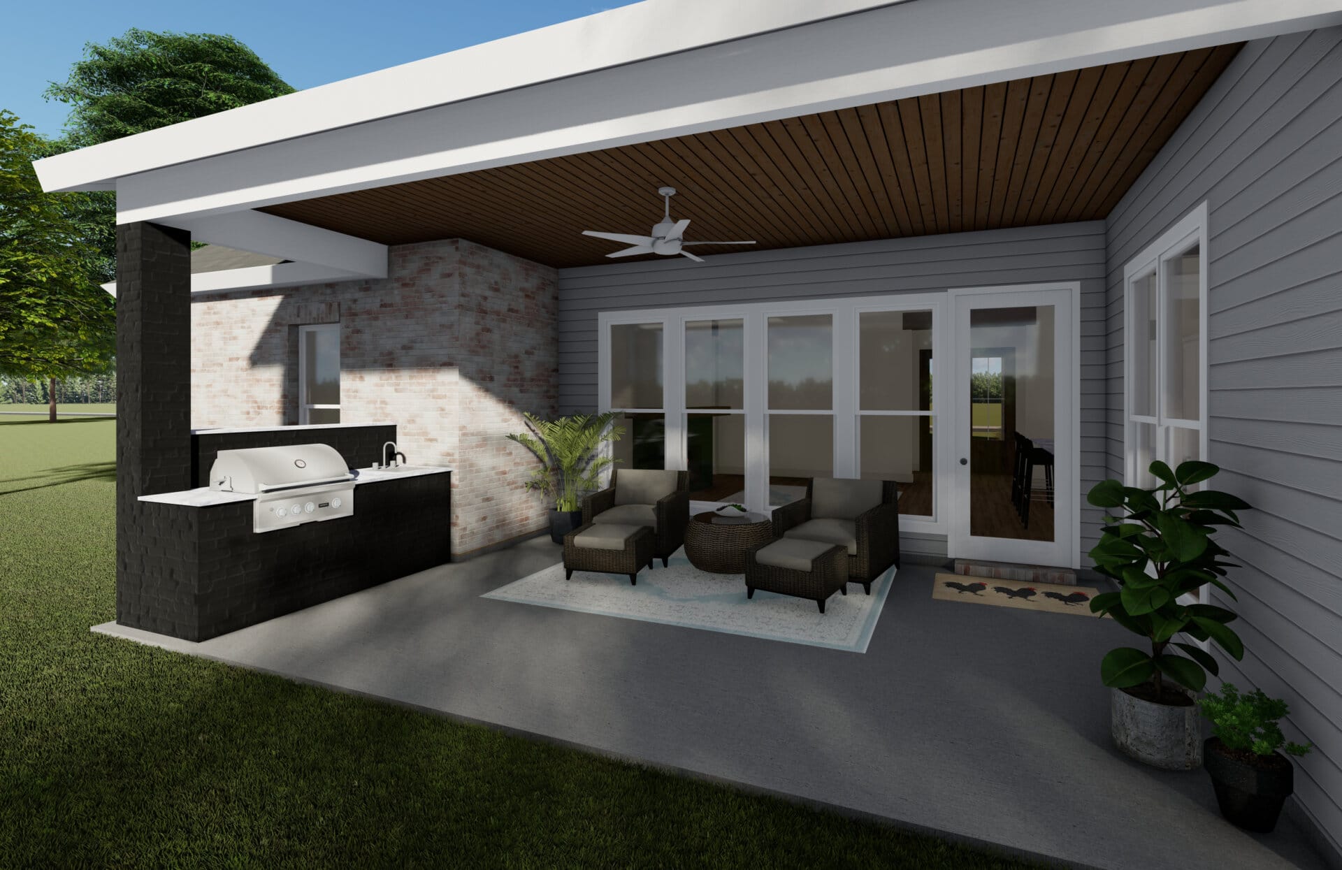 3D rendering of back porch with kitchen and outdoor seating