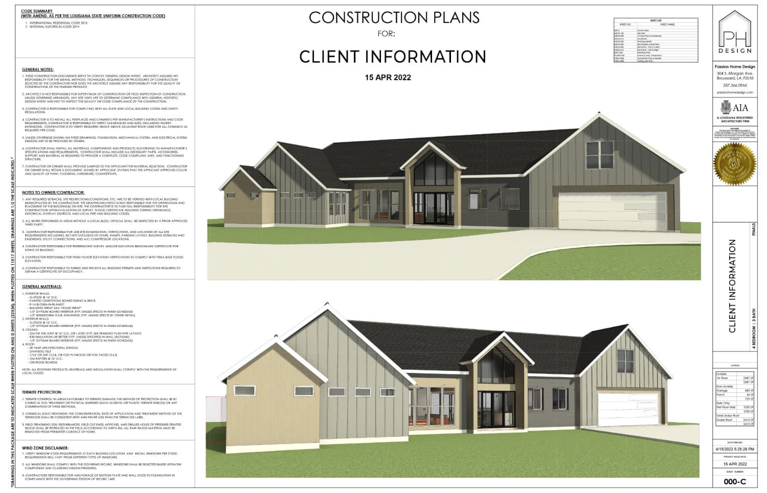 Cover page of blueprint plans with exterior 3D elevation mockup of house