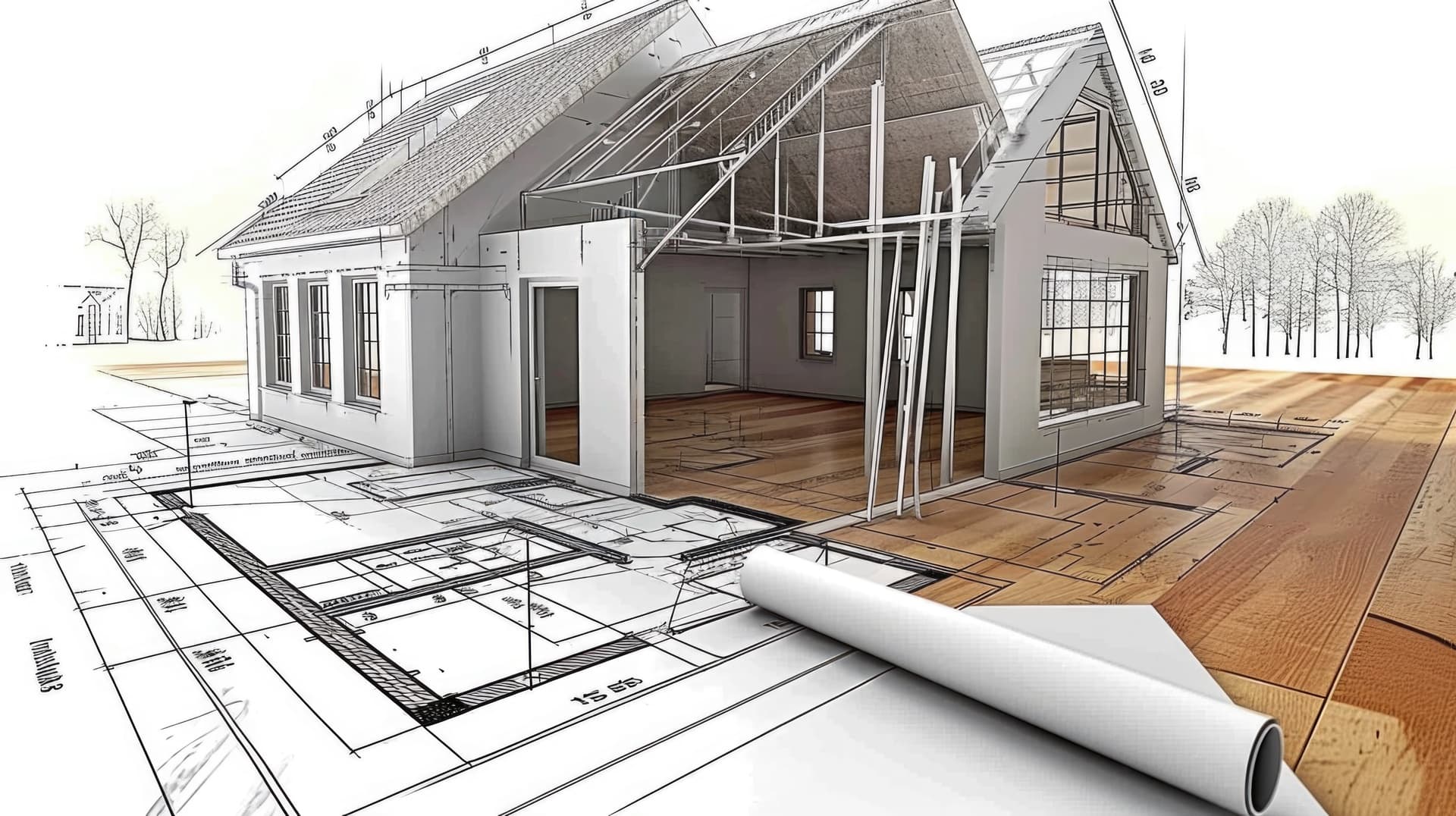 3D rendering of a house with blueprints on the floor.