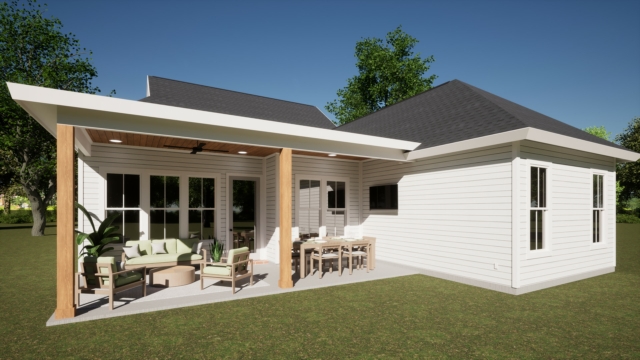 a 3d rendering of a small house with a patio.