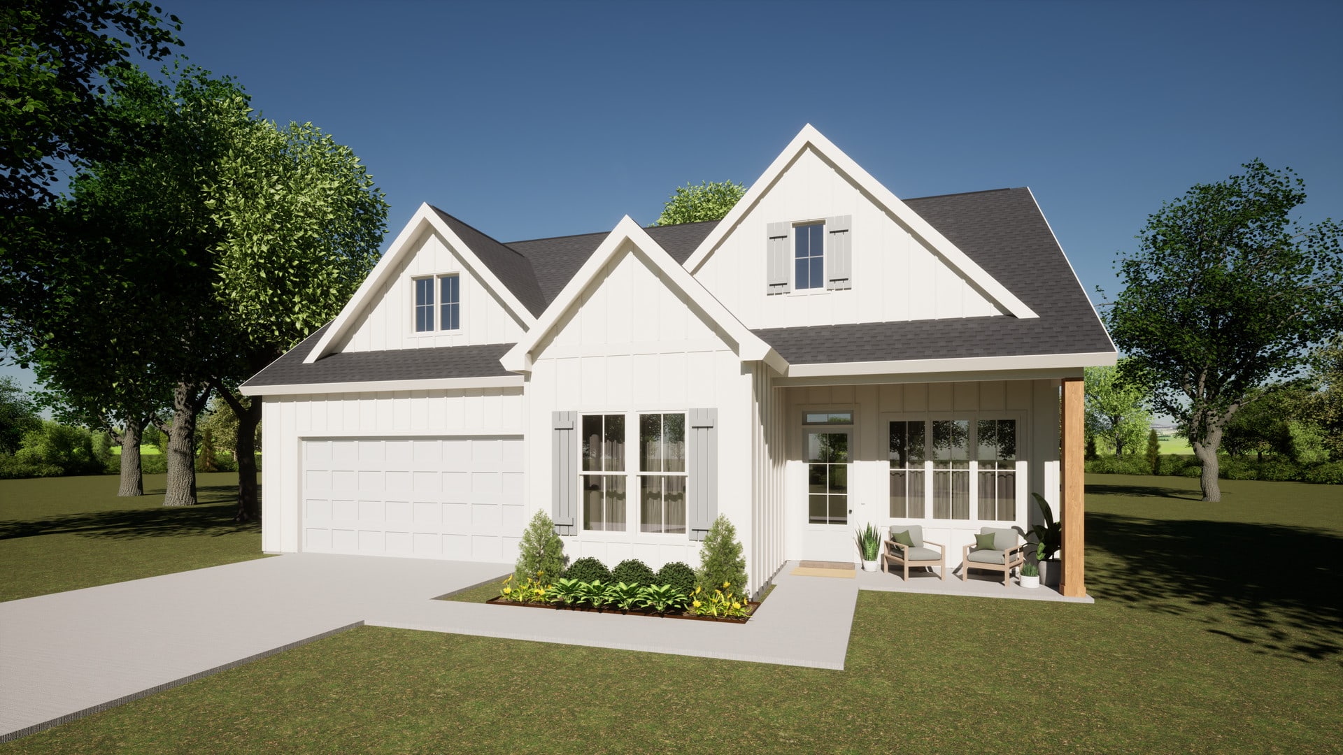 a rendering of a two story house with a garage.