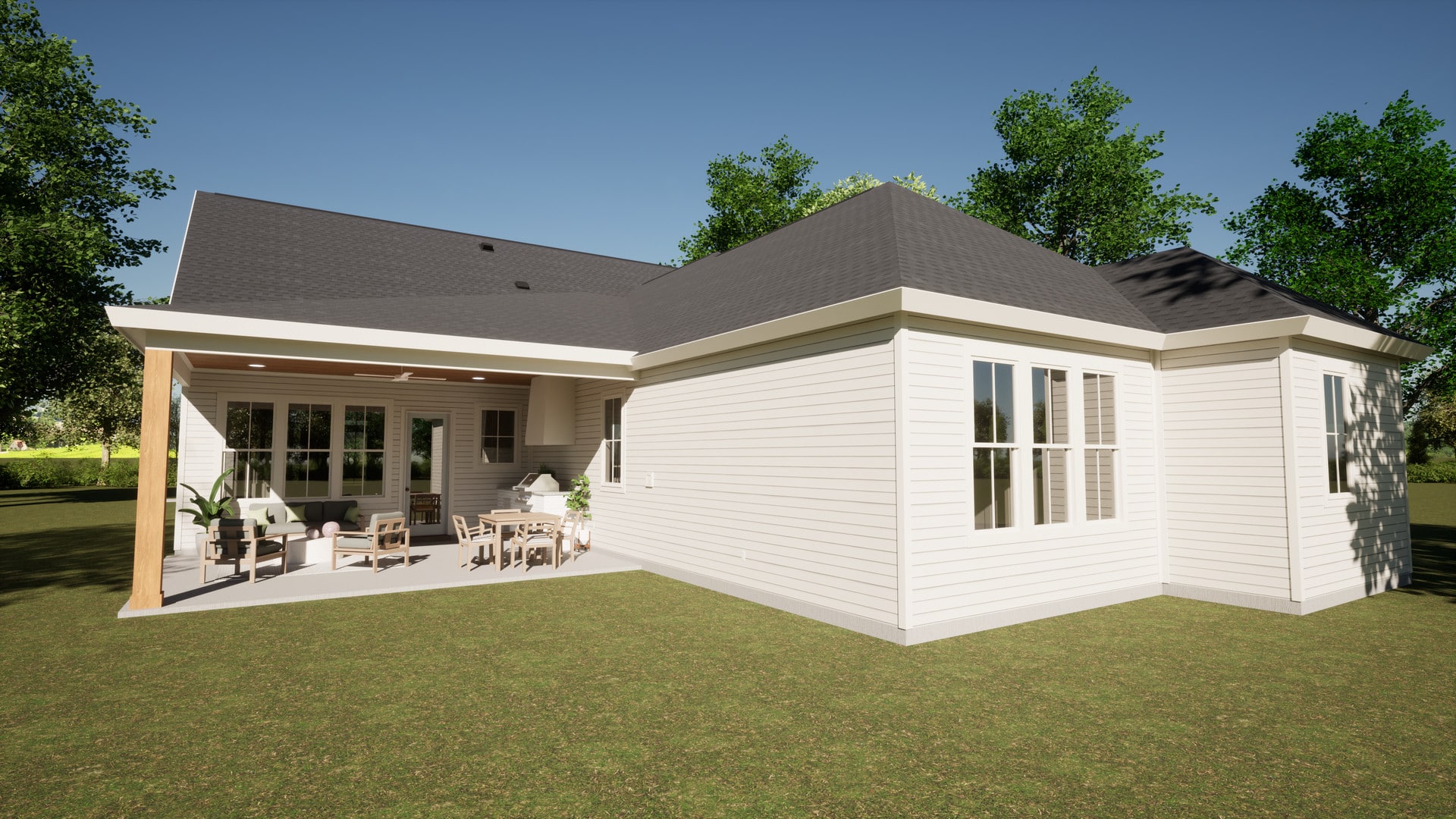 a rendering of a small house with a patio.