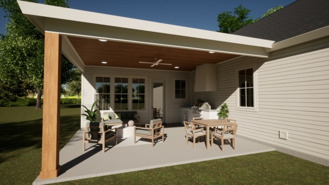 a rendering of a small patio with a dining table and chairs.