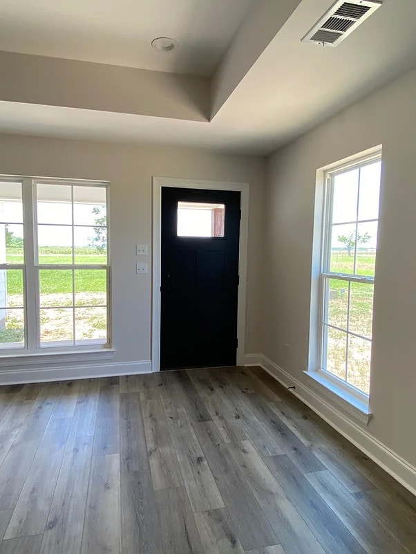 empty living room with hardwood floors and a black door.