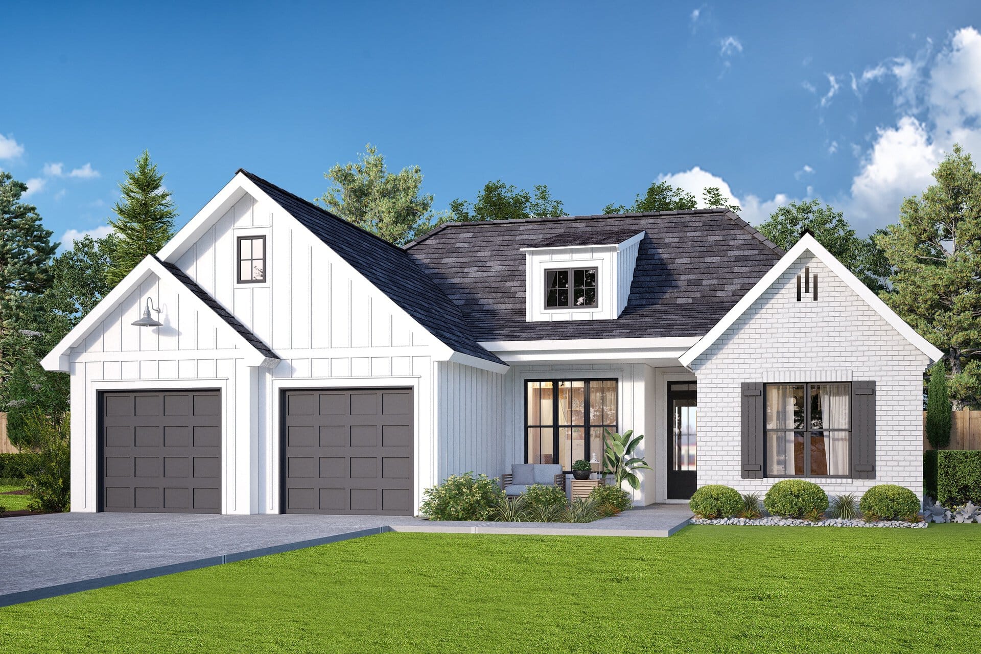 a rendering of a home with a garage and two car garage.