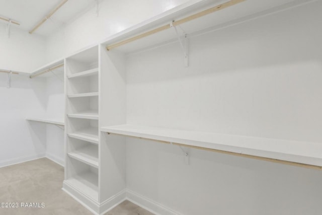 a white walk in closet with shelves and drawers.