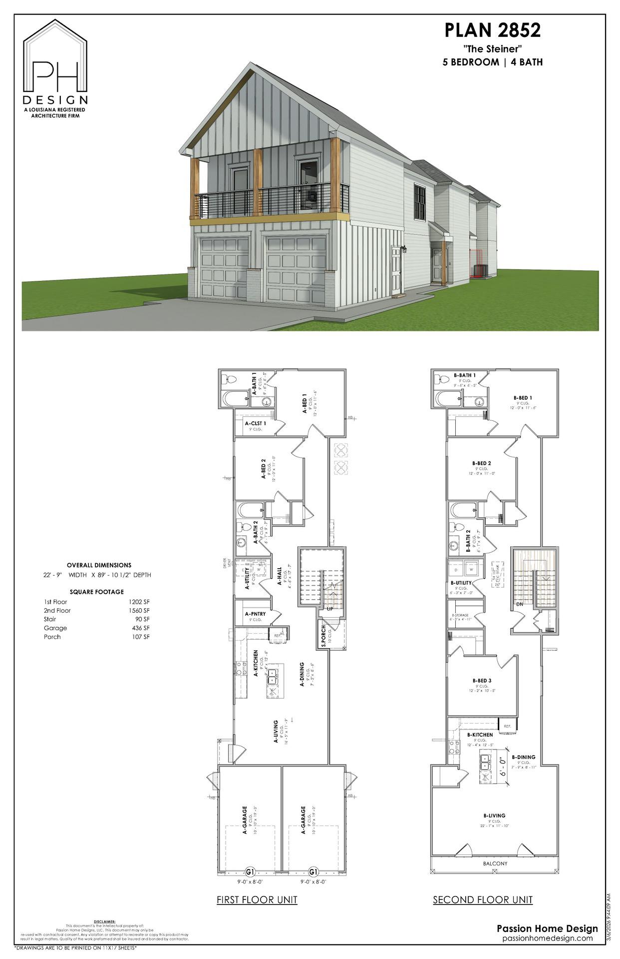 Architectural rendering and floor plans for a two-story, five-bedroom, four-bath modern house design, featuring a double garage, exterior perspective view, and labeled layouts for both floors.