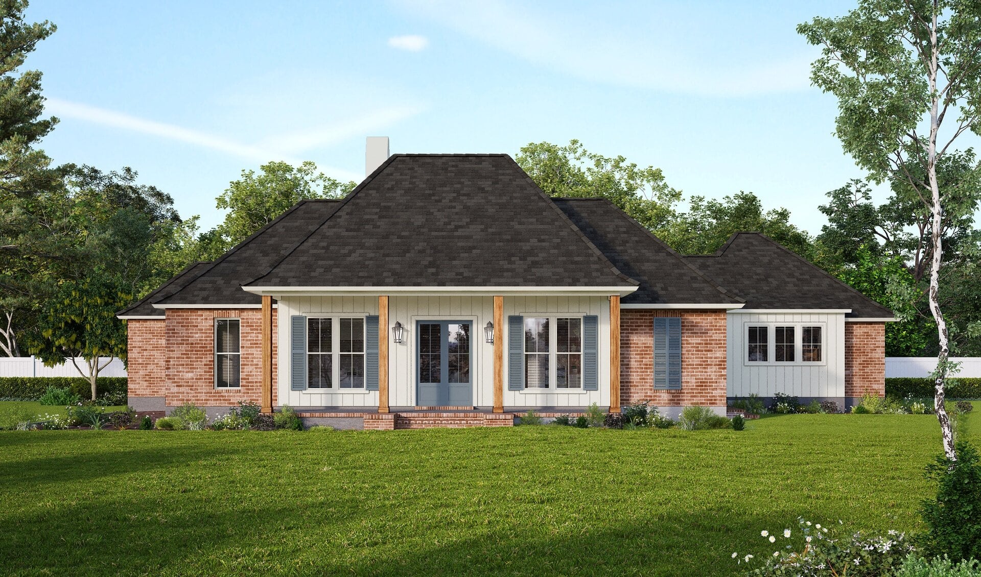 A single-story brick and siding house with a dark hip roof, covered front porch supported by wooden columns, large front windows, and a well-kept lawn, surrounded by trees and greenery.