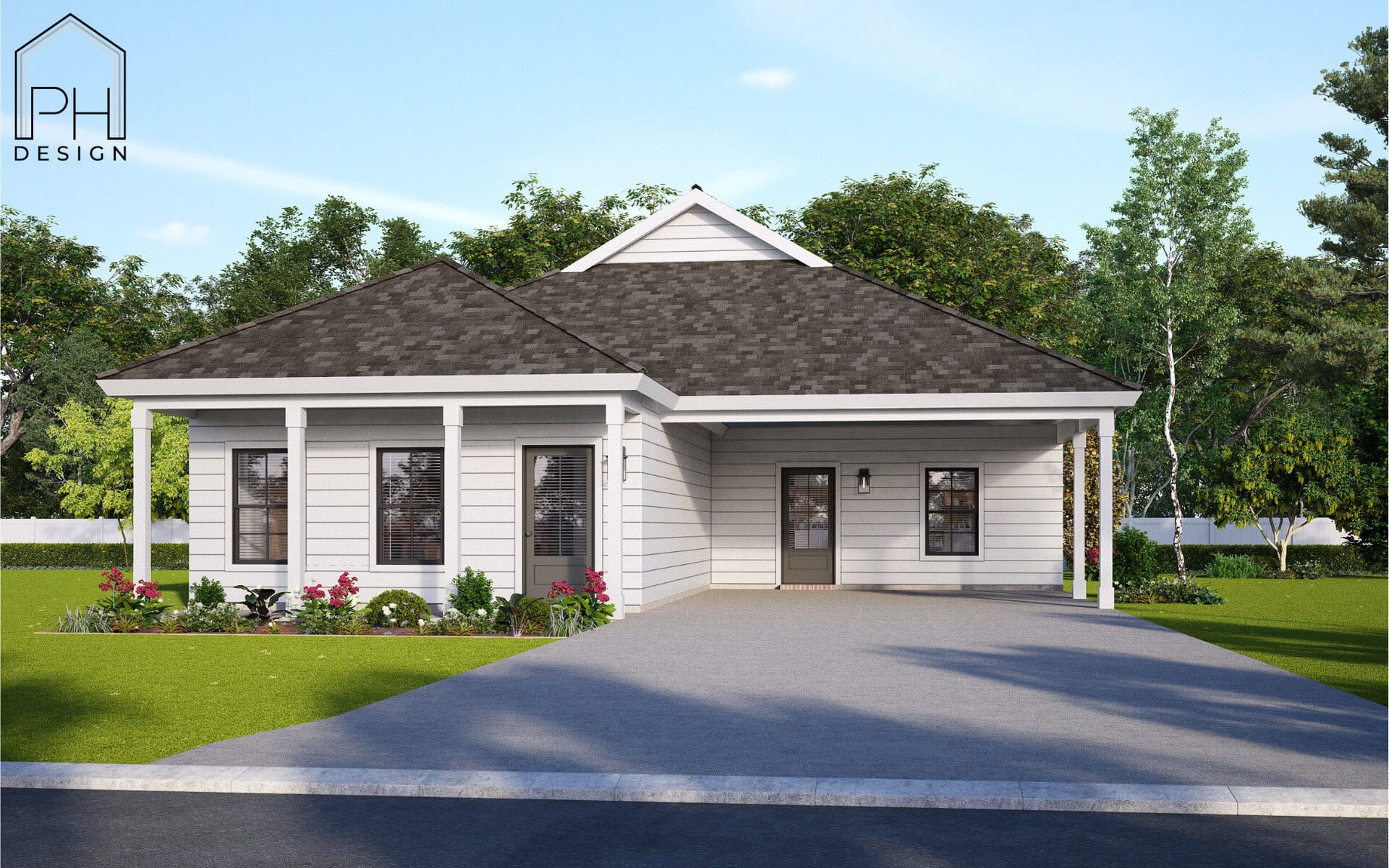Single-story house with grey siding, dark grey roof, covered front porch, and double driveway. The yard has green grass, shrubs, small flowers, and trees in the background. PH Design logo is in the top left corner.