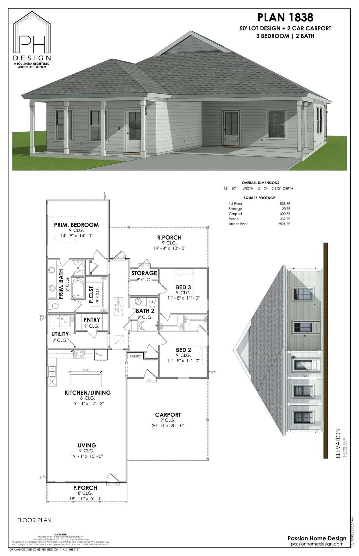 Architectural plan for a single-story, three-bedroom, two-bath house with a front porch, side carport, and gabled roof. Includes layout and elevation drawings, dimensions, and labeled room areas.