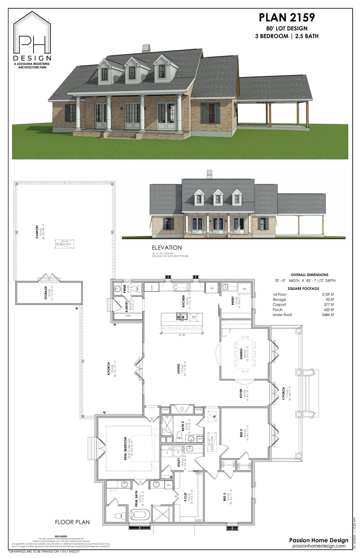 A residential architectural plan showing an exterior 3D view, a front elevation drawing, and a detailed floor plan for a one-story house with 3 bedrooms, 2.5 baths, and a carport.