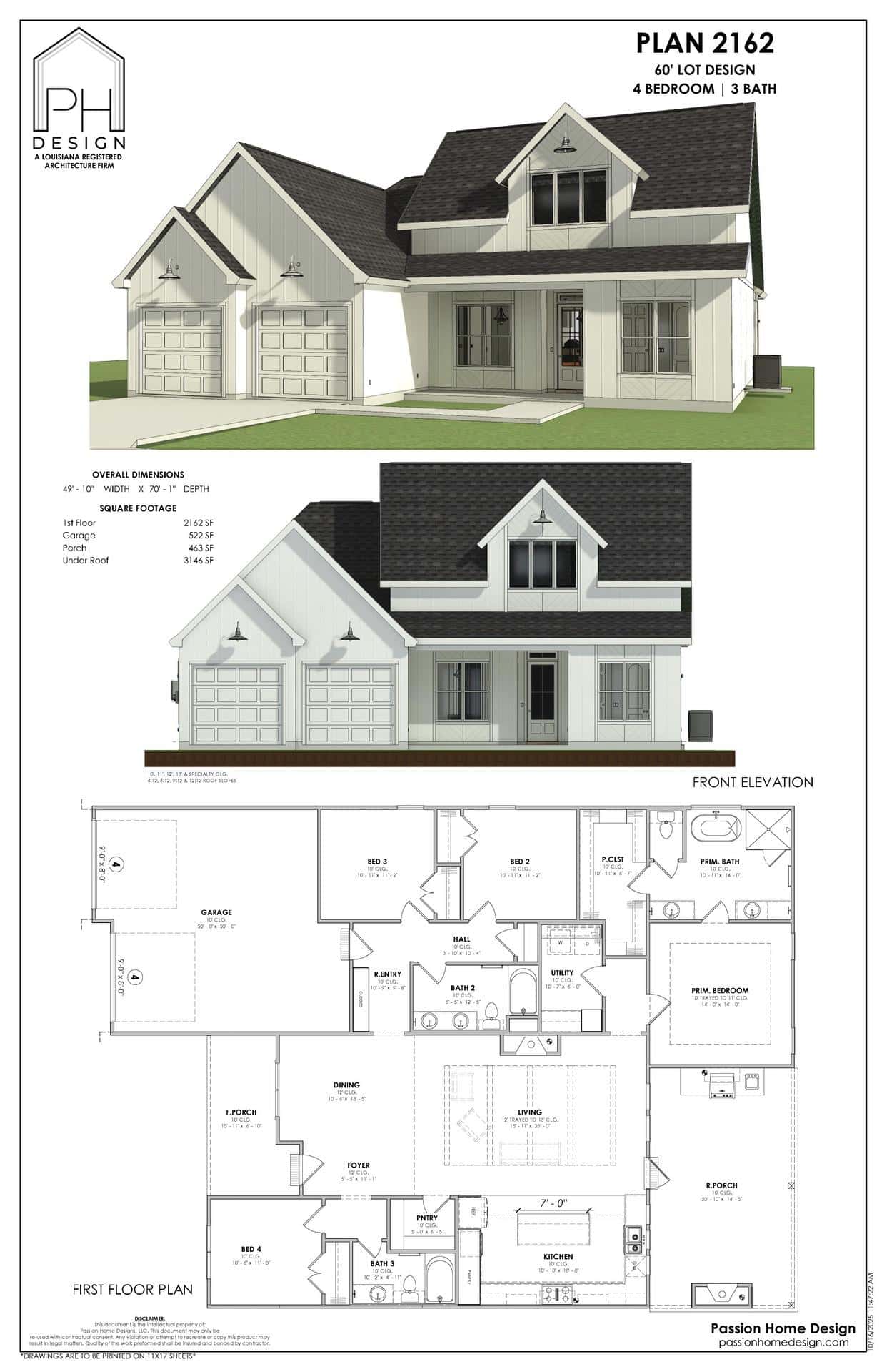 Architectural plan for a two-story, four-bedroom, three-bath home with a three-car garage. Includes 3D exterior views and a detailed first floor plan with labeled rooms and dimensions.