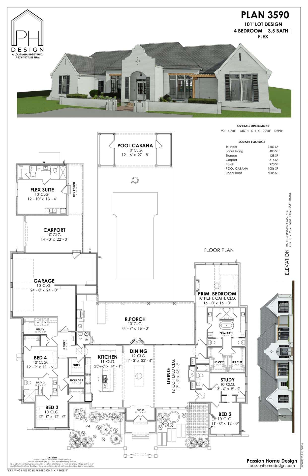 Architectural plan for a single-story, four-bedroom house with 3.5 bathrooms. Includes labeled floor plan, pool cabana, carport, garage, outdoor spaces, and an exterior rendering of the home at the top.
