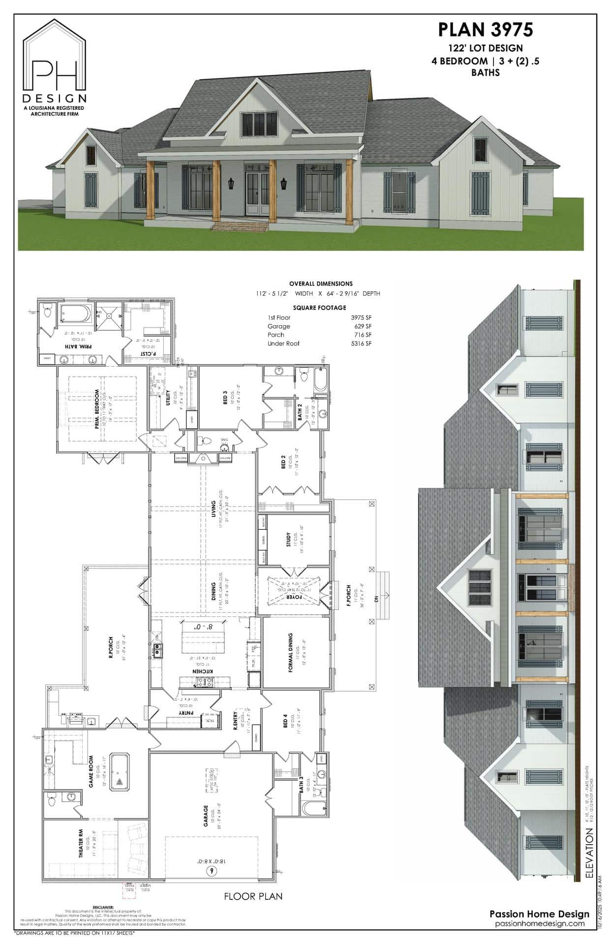 Architectural plan for a 4-bedroom, 3.5-bath house with front and rear exterior renderings, a detailed floor plan, and dimensions; includes PH Design logo and project information.