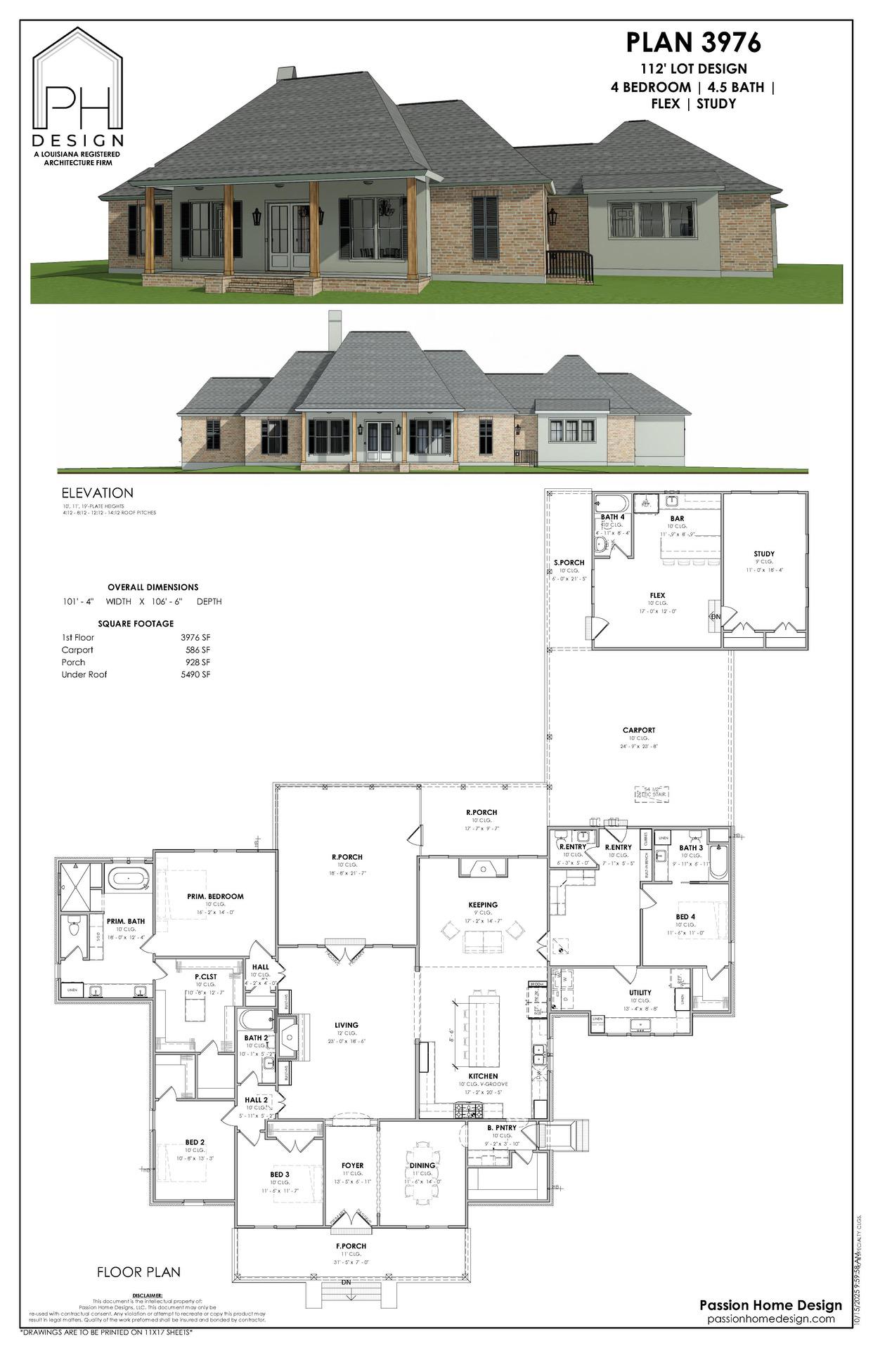 Architectural design sheet showing a single-story house plan, including front elevation views and a detailed floor plan with labeled rooms such as 4 bedrooms, 3.5 baths, kitchen, garage, and covered porches.