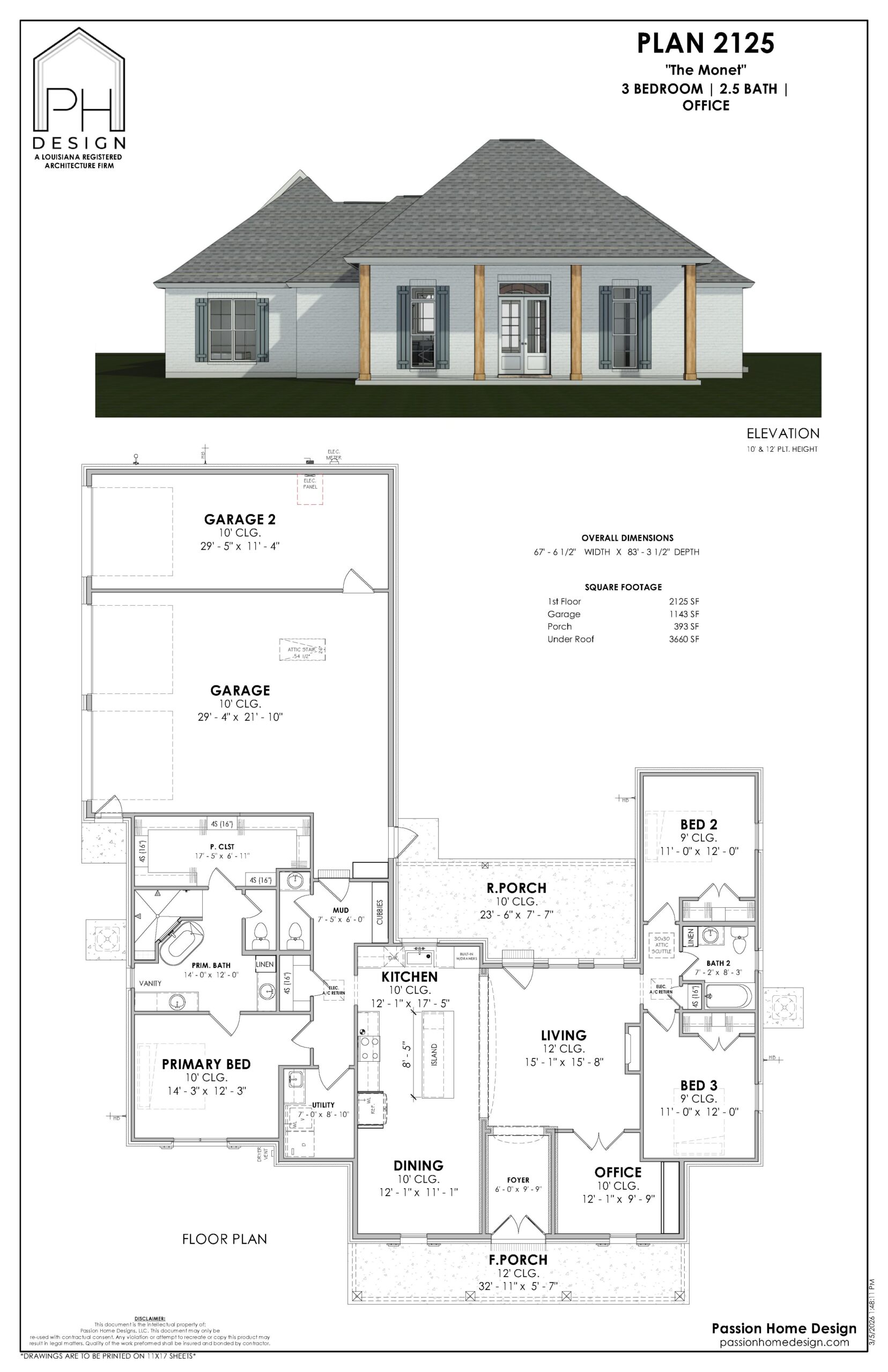 Architectural plan for a single-story house labeled Plan 2125, showing a front elevation drawing and a floor plan with 3 bedrooms, 2.5 baths, an office, 2-car garage, kitchen, living, dining room, and other labeled spaces.