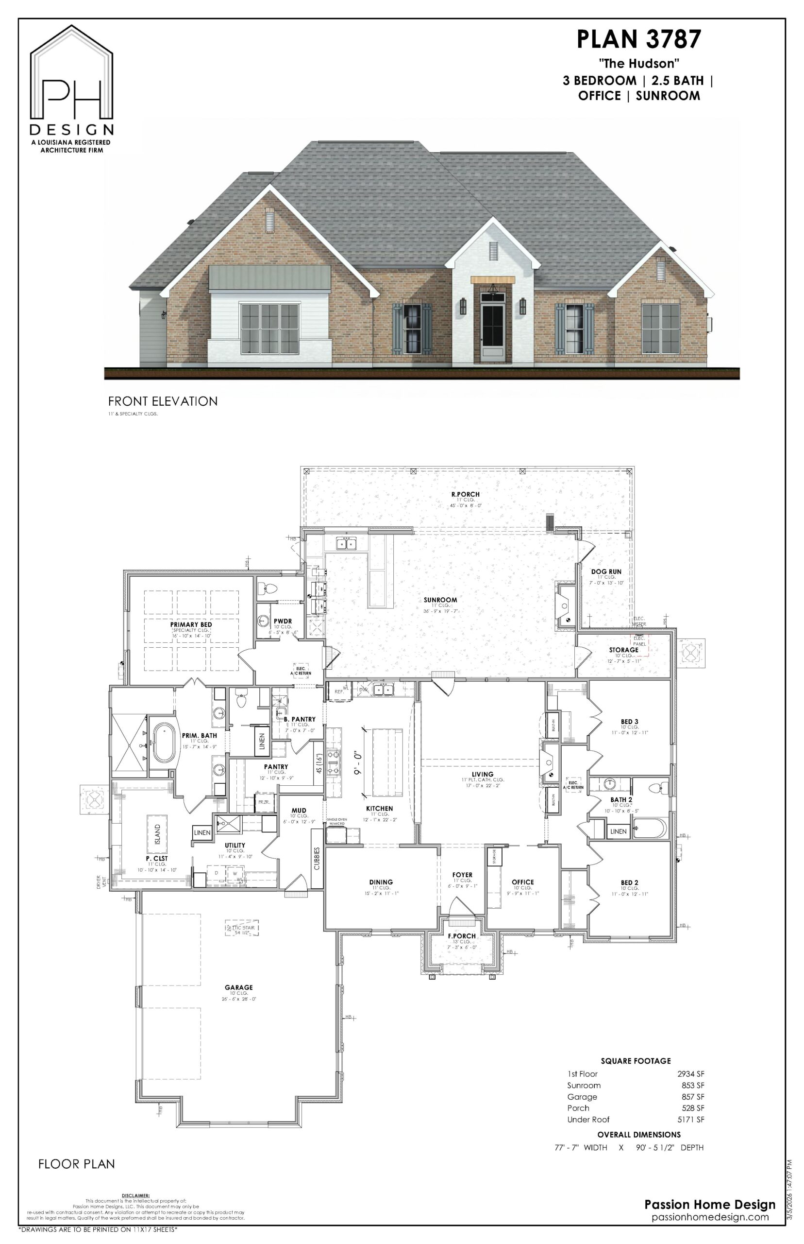 Architectural plan for a single-story house labeled "Plan 3787: The Hudson," showing a front elevation view above a detailed floor plan featuring 3 bedrooms, 2.5 baths, an office, sunroom, and garage.