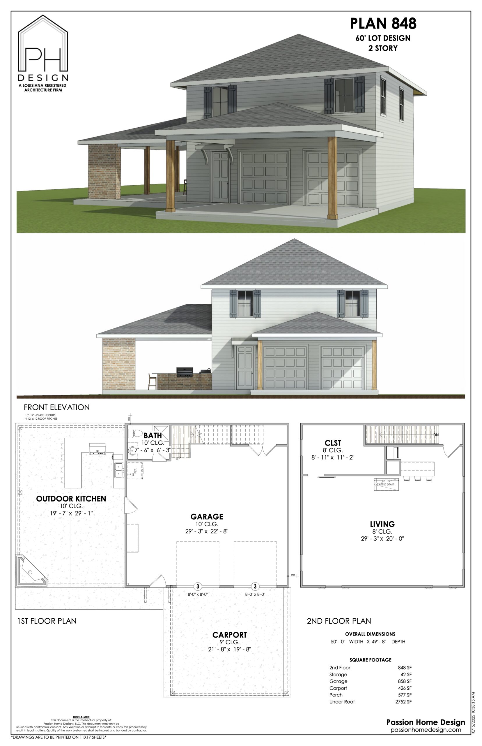 Architectural plan for a two-story house shows exterior views, front elevation, and floor plans. The first floor includes a garage, carport, bath, closet, living area, and outdoor kitchen; second floor has two bedrooms and a bath.