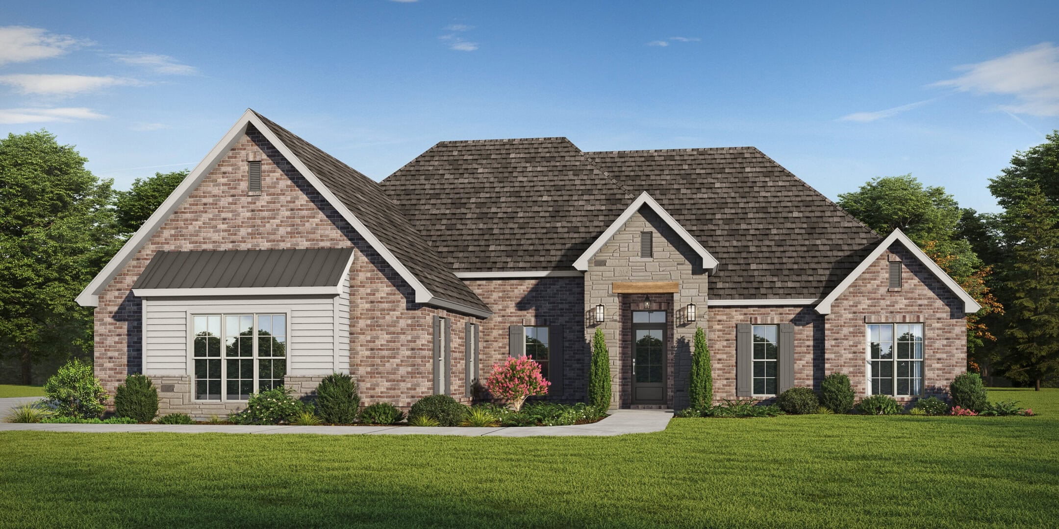 A single-story brick house with a gabled roof, stone accents around the front door, multiple windows, and landscaped shrubs and grass in the front yard, set against a clear blue sky.