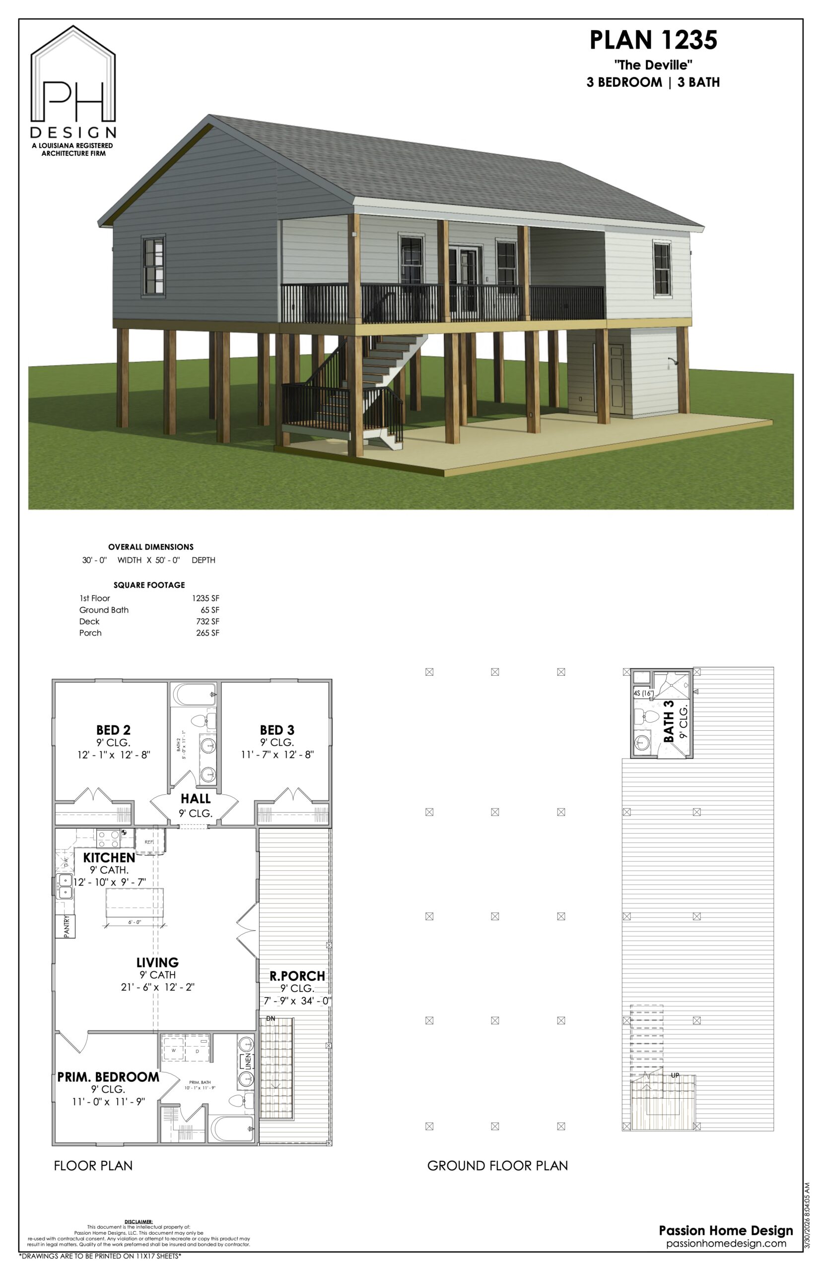 Architectural rendering of a raised three-bedroom, three-bath house with stairs leading to the porch. The floor plan below shows the layout with labeled rooms, including kitchen, living area, and bedrooms.