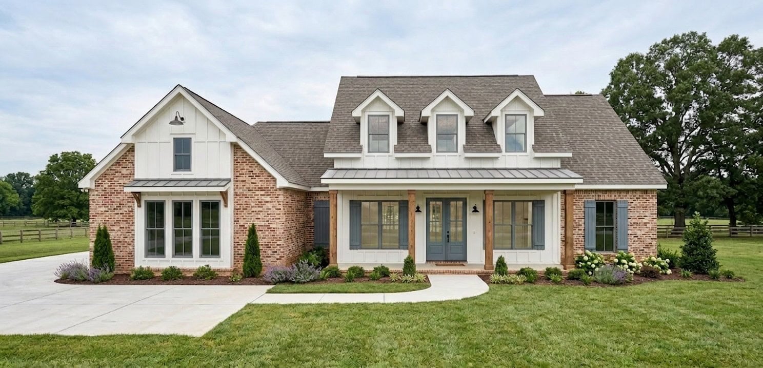 A two-story house with red brick and white siding, a gray shingle roof, three dormer windows, double front doors, and a landscaped front yard with grass, shrubs, and a concrete driveway.