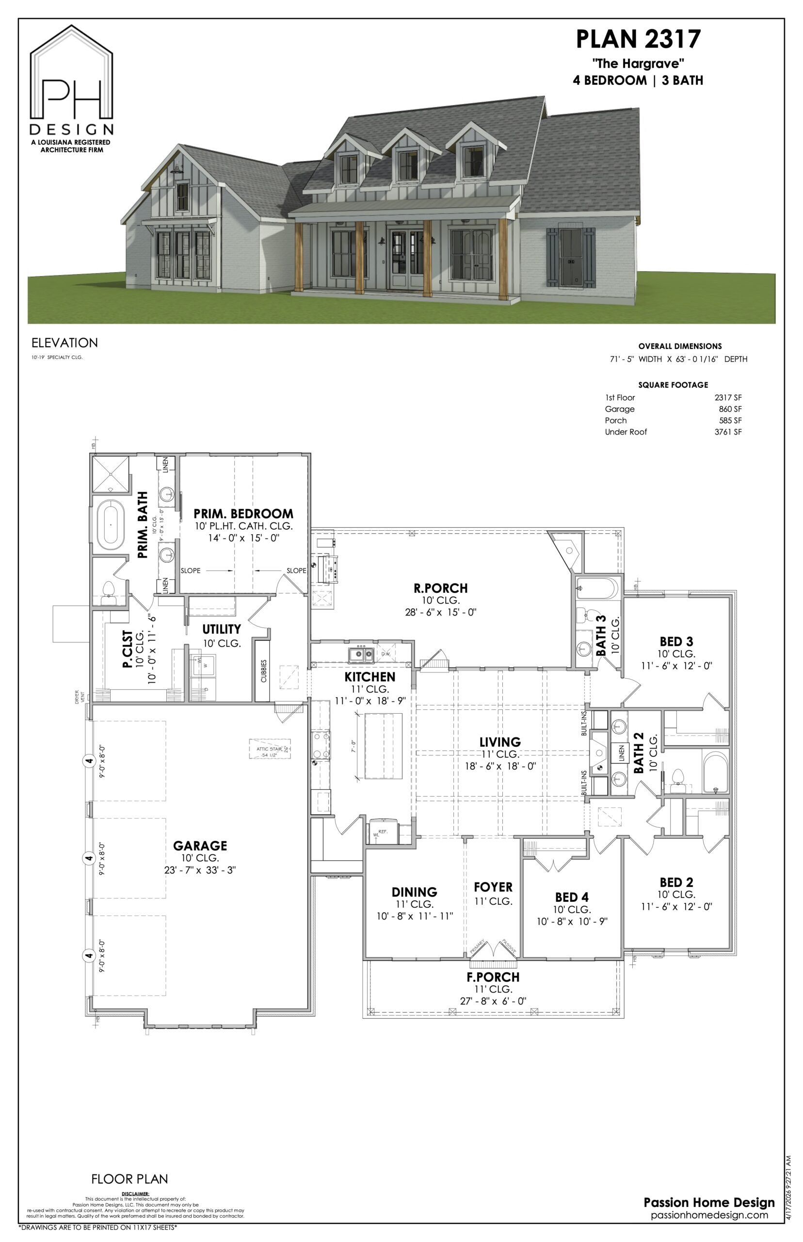 Architectural plan for a two-story, four-bedroom, three-bath house called “The Hargrave,” showing a front elevation rendering and a detailed floor plan layout with labeled rooms and dimensions.