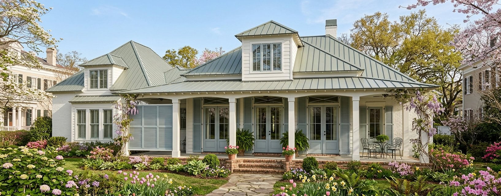 A light-colored house with a metal roof, dormer windows, and a wide front porch with columns. The yard is landscaped with blooming flowers, shrubs, and a stone walkway leading to the front steps.