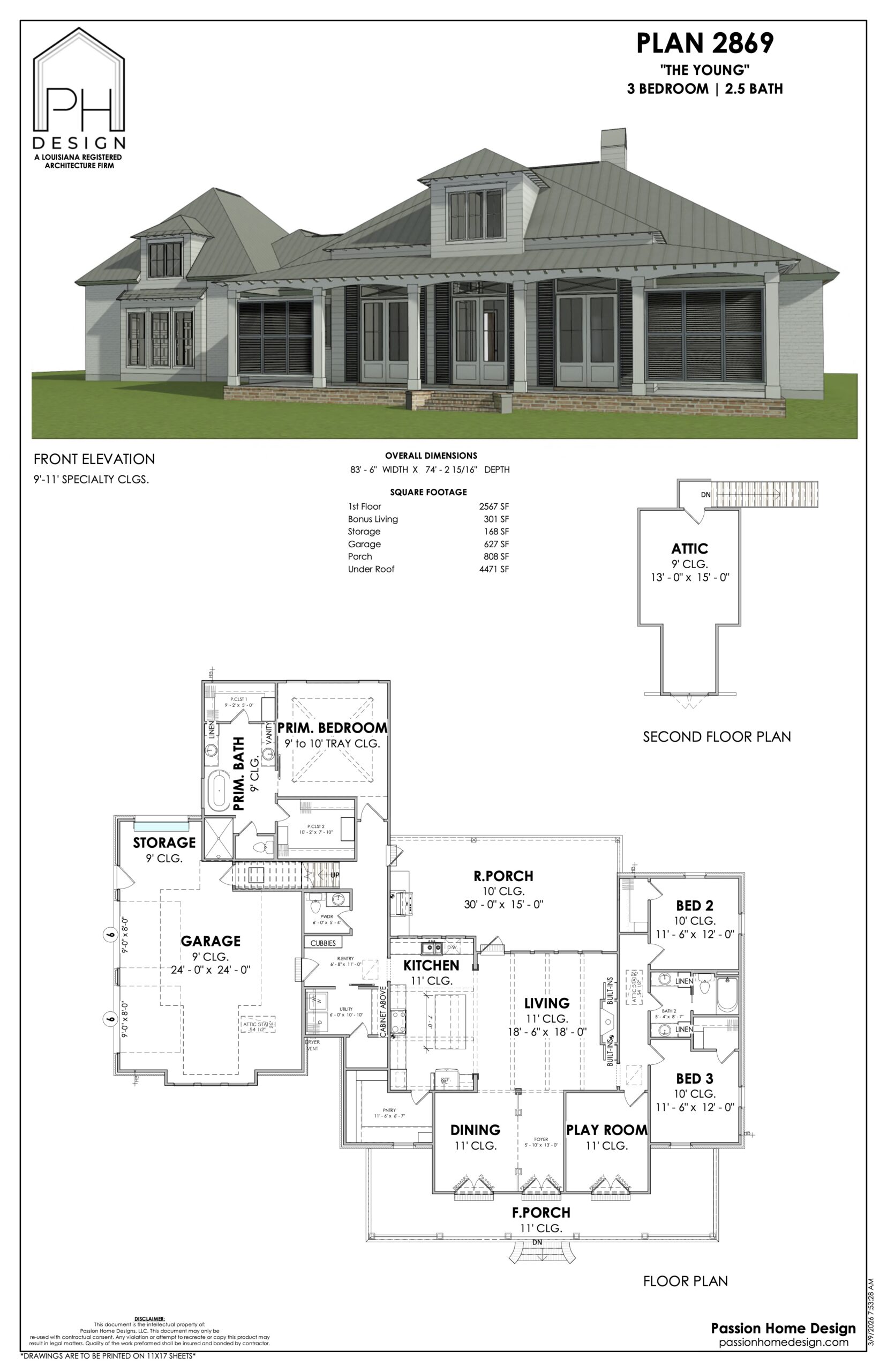 Architectural plan for a single-story house with attic, featuring a color front elevation and black-and-white floor plan. The home includes 3 bedrooms, 2.5 baths, garage, porch, playroom, and attic. Room sizes and layout are labeled.