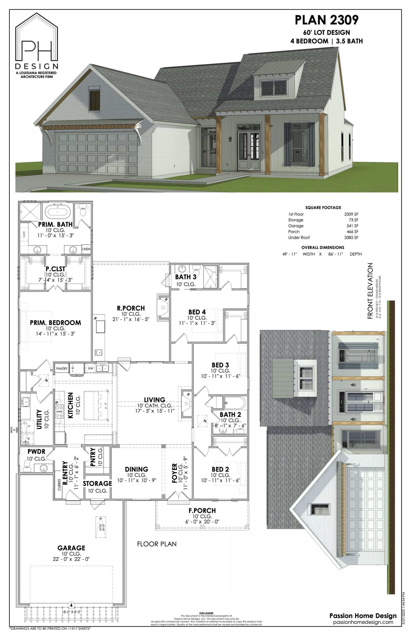Architectural floor plan and 3D renderings of a modern two-story house, labeled as Plan 2309, showing a 4-bedroom, 3.5-bath home with garage, porch, and front elevation views.