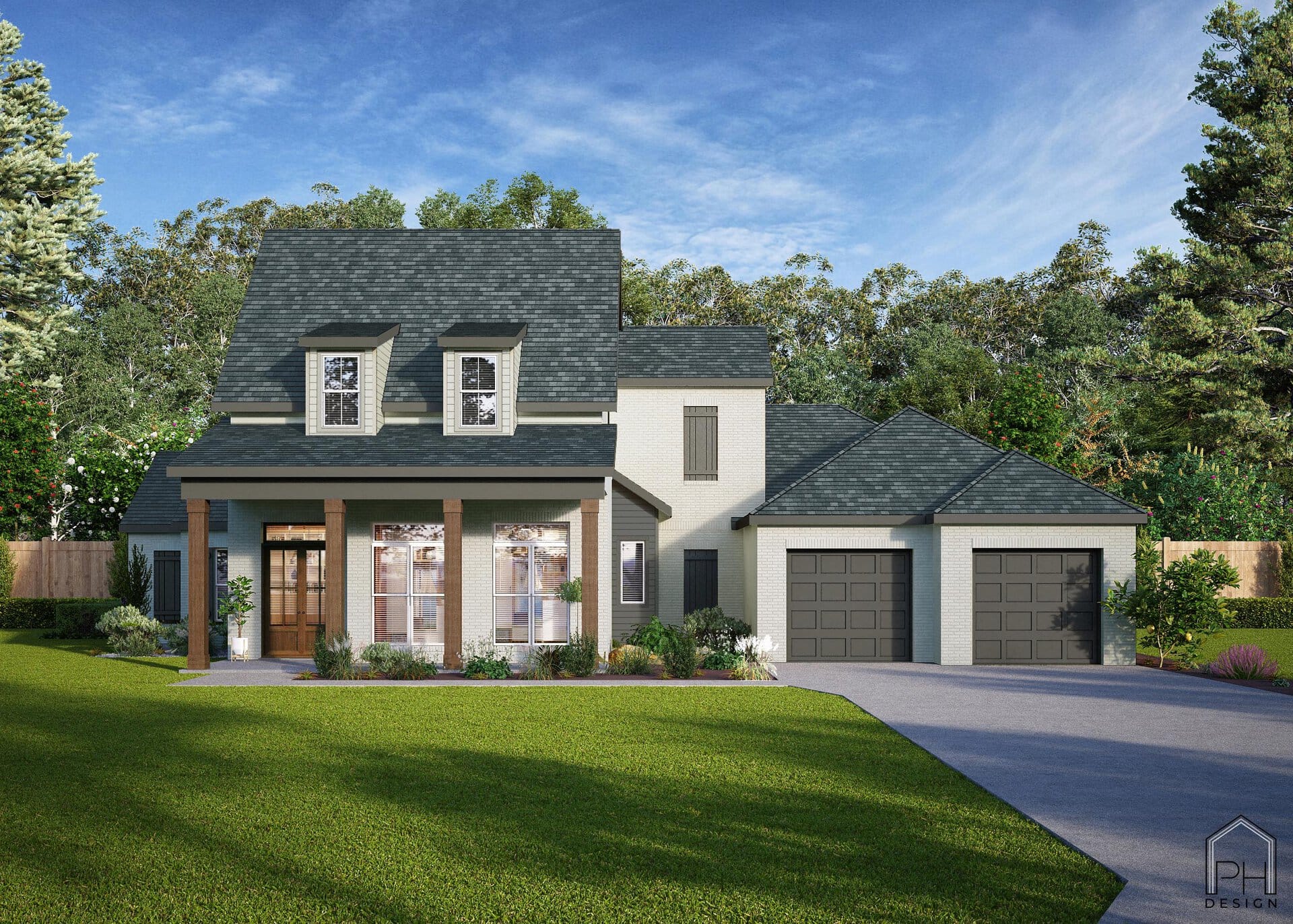 A two-story modern suburban house with dark gray roof shingles, white walls, a covered front porch supported by columns, two garage doors, and a well-kept green lawn with shrubs. Trees and a wooden fence are in the background.