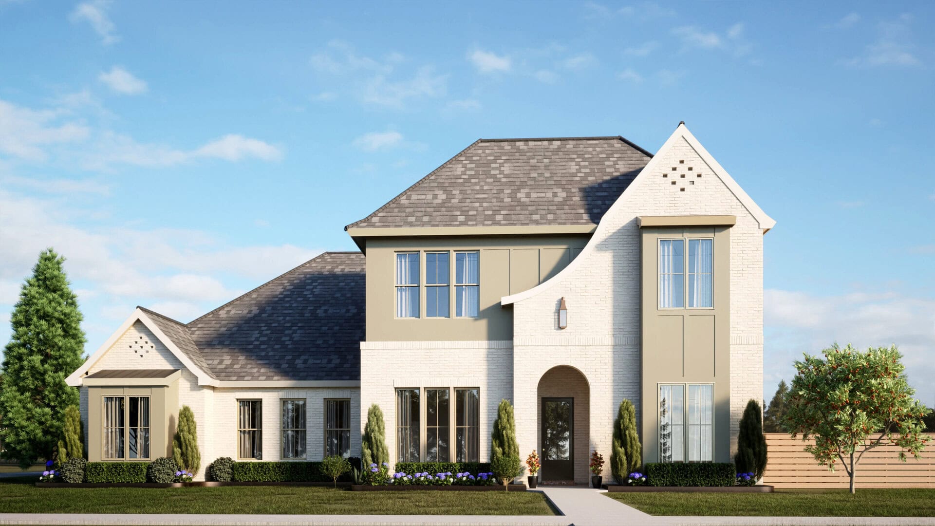 A two-story modern house with light brick and olive siding, tall windows, and an arched entryway, surrounded by landscaping and set against a blue sky with a few clouds.