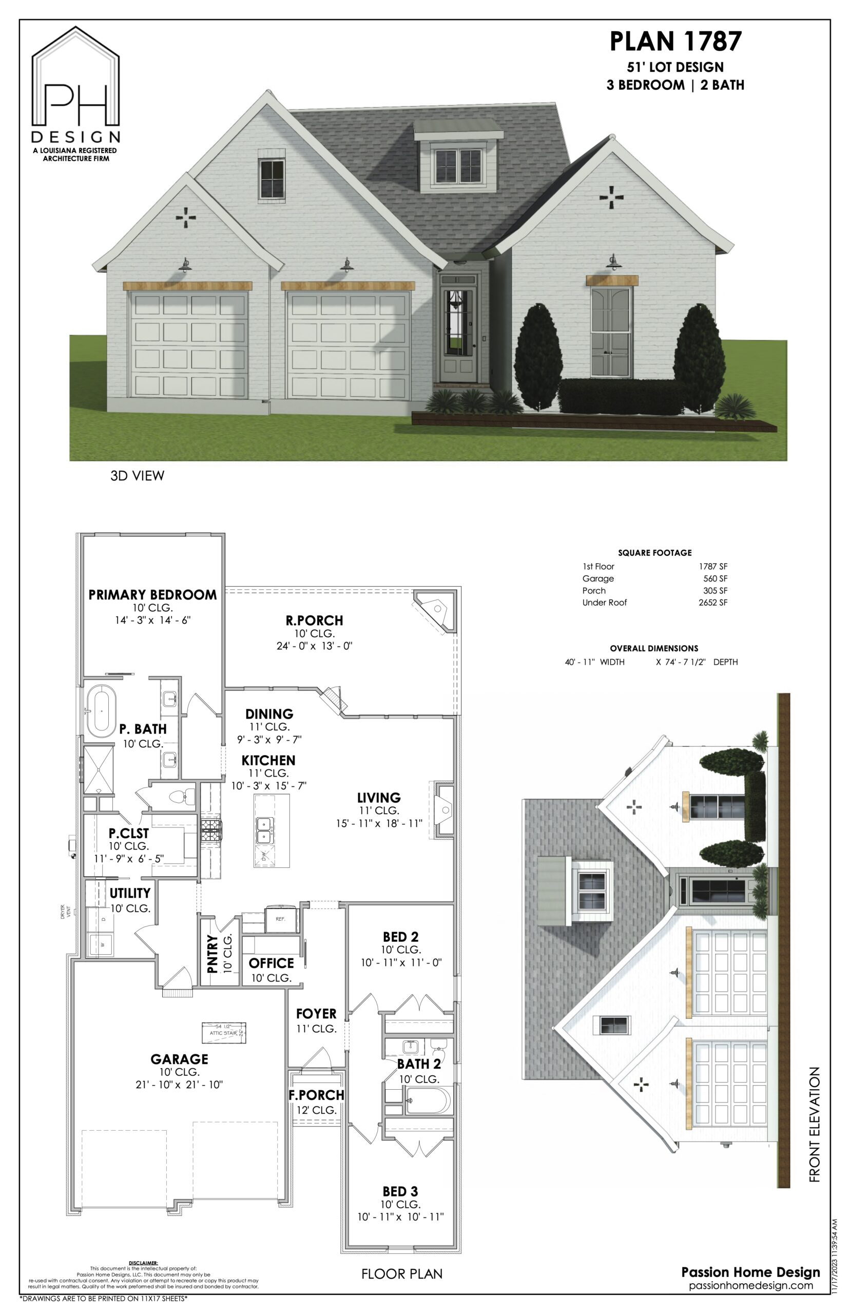 Architectural design sheet showing a 3-bedroom, 2-bathroom single-story house. Includes a front elevation, floor plan, 3D exterior view, and dimensions for each room and the overall layout.