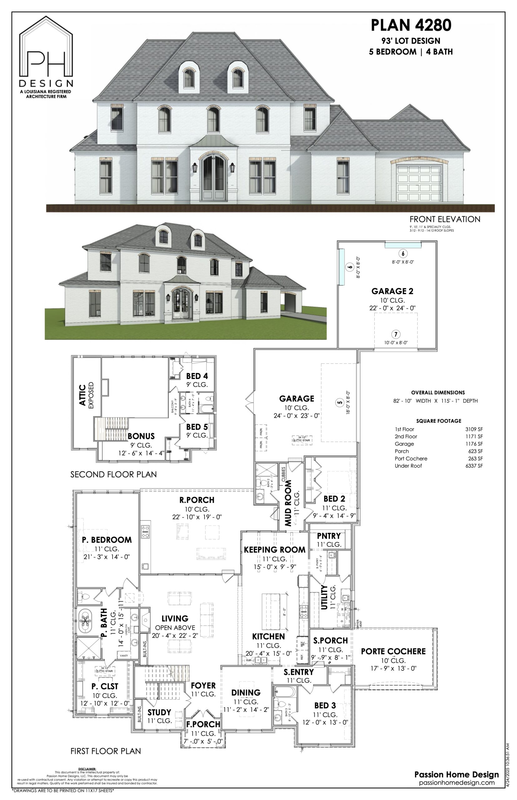 Architectural drawing of a two-story, five-bedroom, four-bath home. Includes front elevation view and floor plans showing rooms, garage, kitchen, dining, living areas, and labeled measurements for each space.
