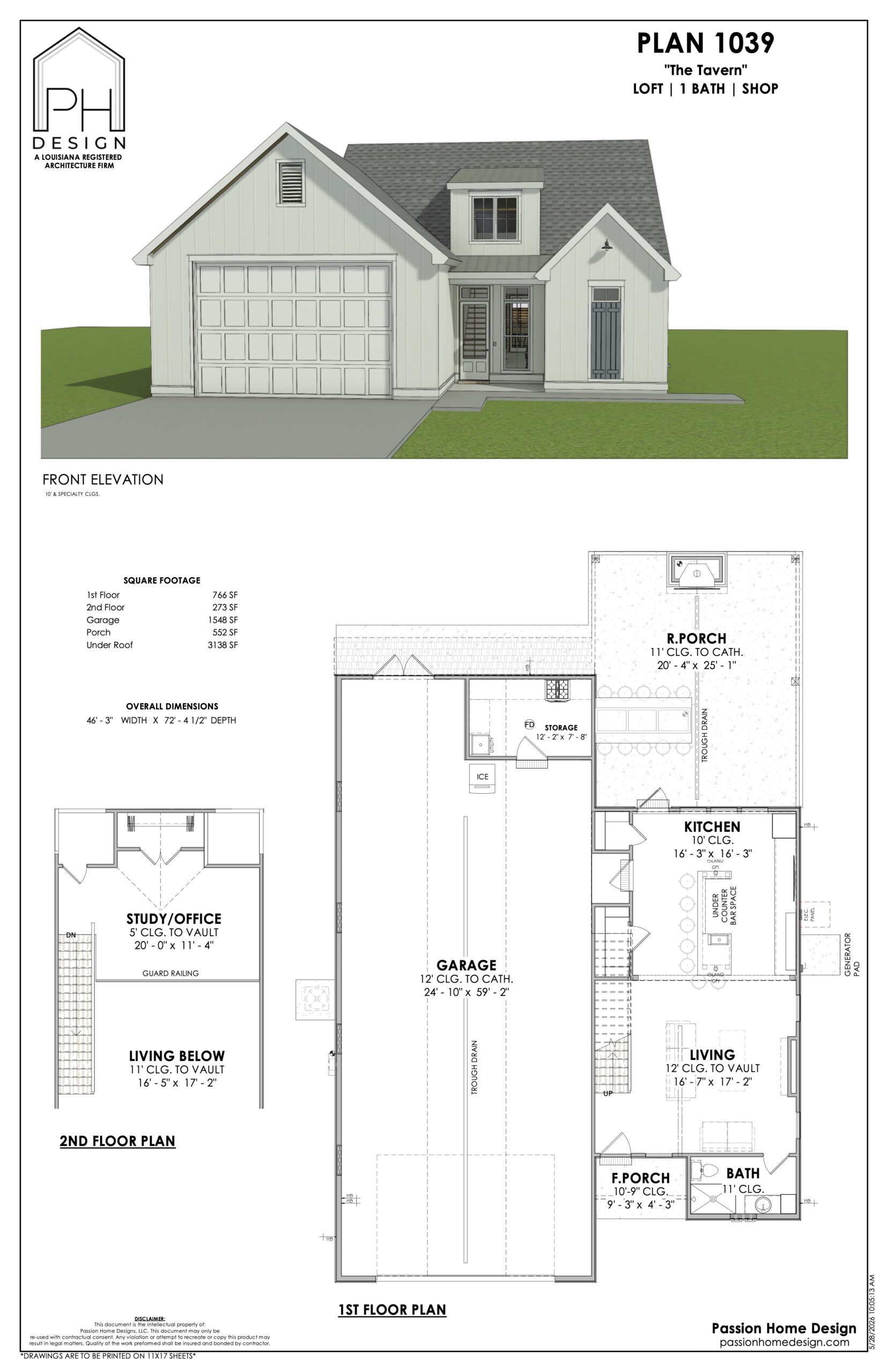 Architectural plan for a single-story house with a loft; shows a front exterior view, floor plans for the first floor and loft, labeled rooms, dimensions, and details including garage, kitchen, bedroom, bath, and porches.