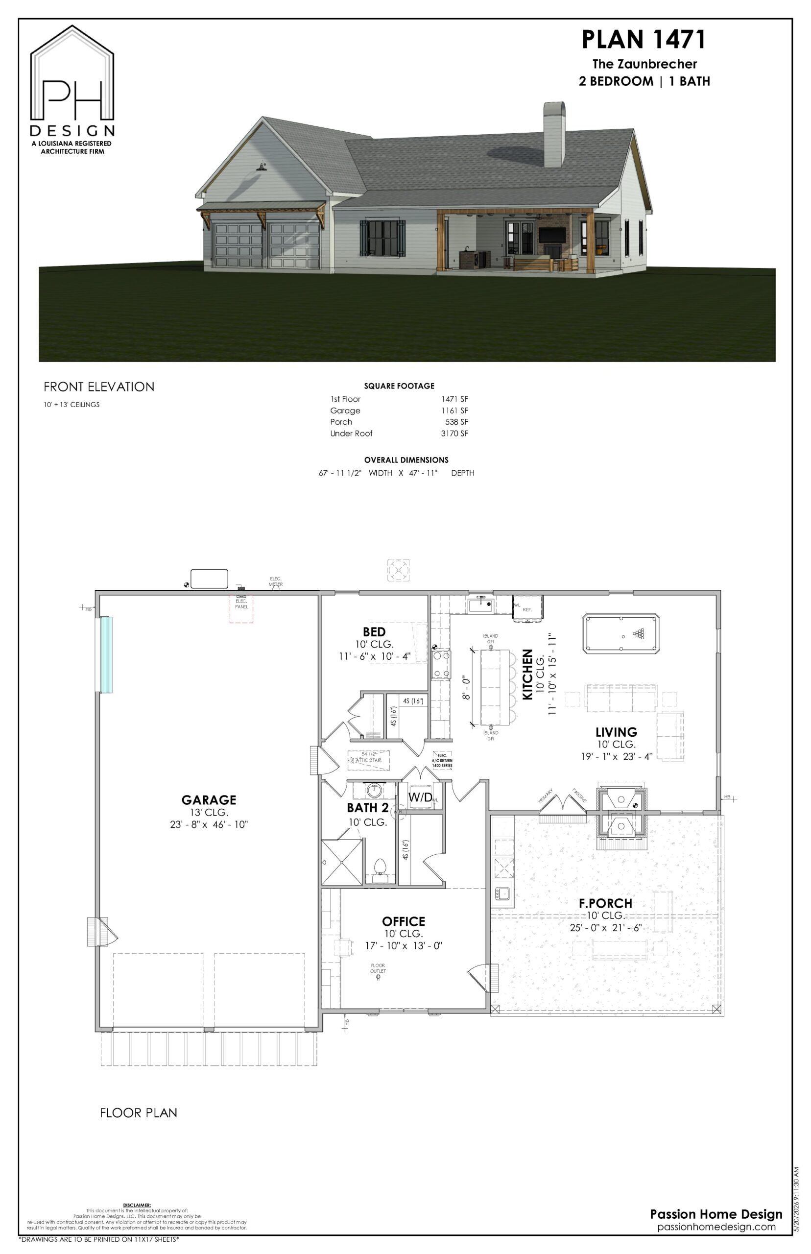 Architectural plan for a single-story home labeled "Plan 1471," showing a front elevation view and a floor plan with 2 bedrooms, 1 bathroom, garage, office, living room, kitchen, laundry, pantry, and front porch.