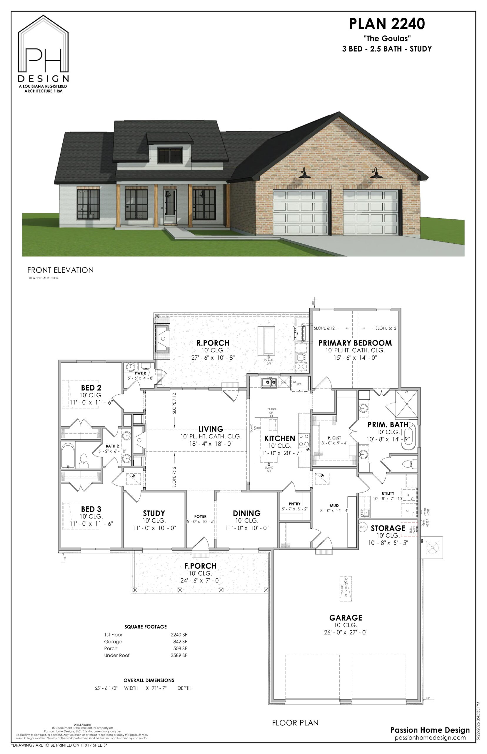 Architectural plan for a single-story house with 3 bedrooms, 2.5 baths, a study, and a two-car garage. Includes a front elevation view and a labeled floor plan with living, dining, kitchen, and porch areas.