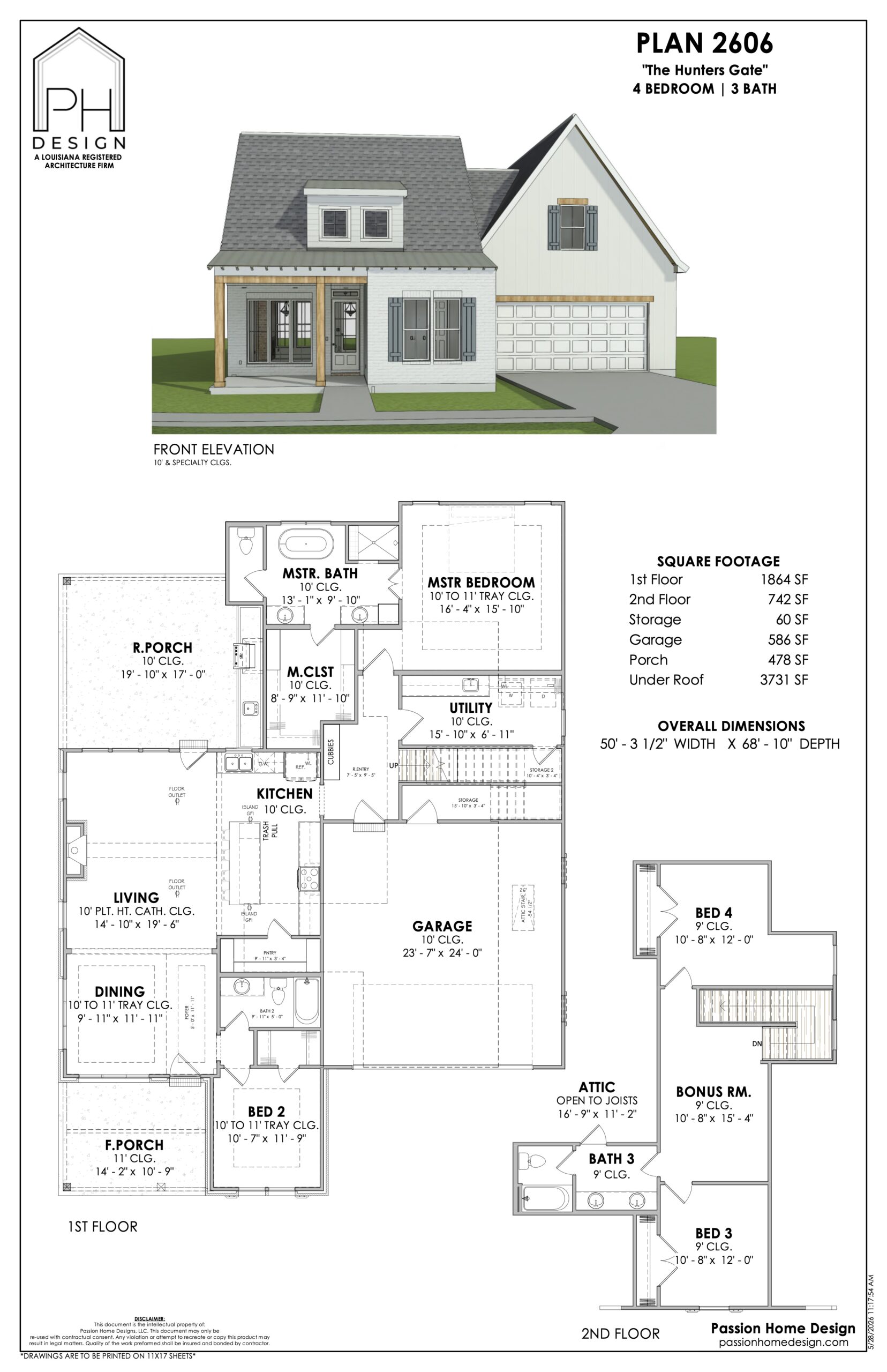 Architectural floor plan and front elevation of a two-story house labeled Plan 2606 with 4 bedrooms, 3 bathrooms, a garage, porches, and room dimensions, including a detailed room layout for both floors.
