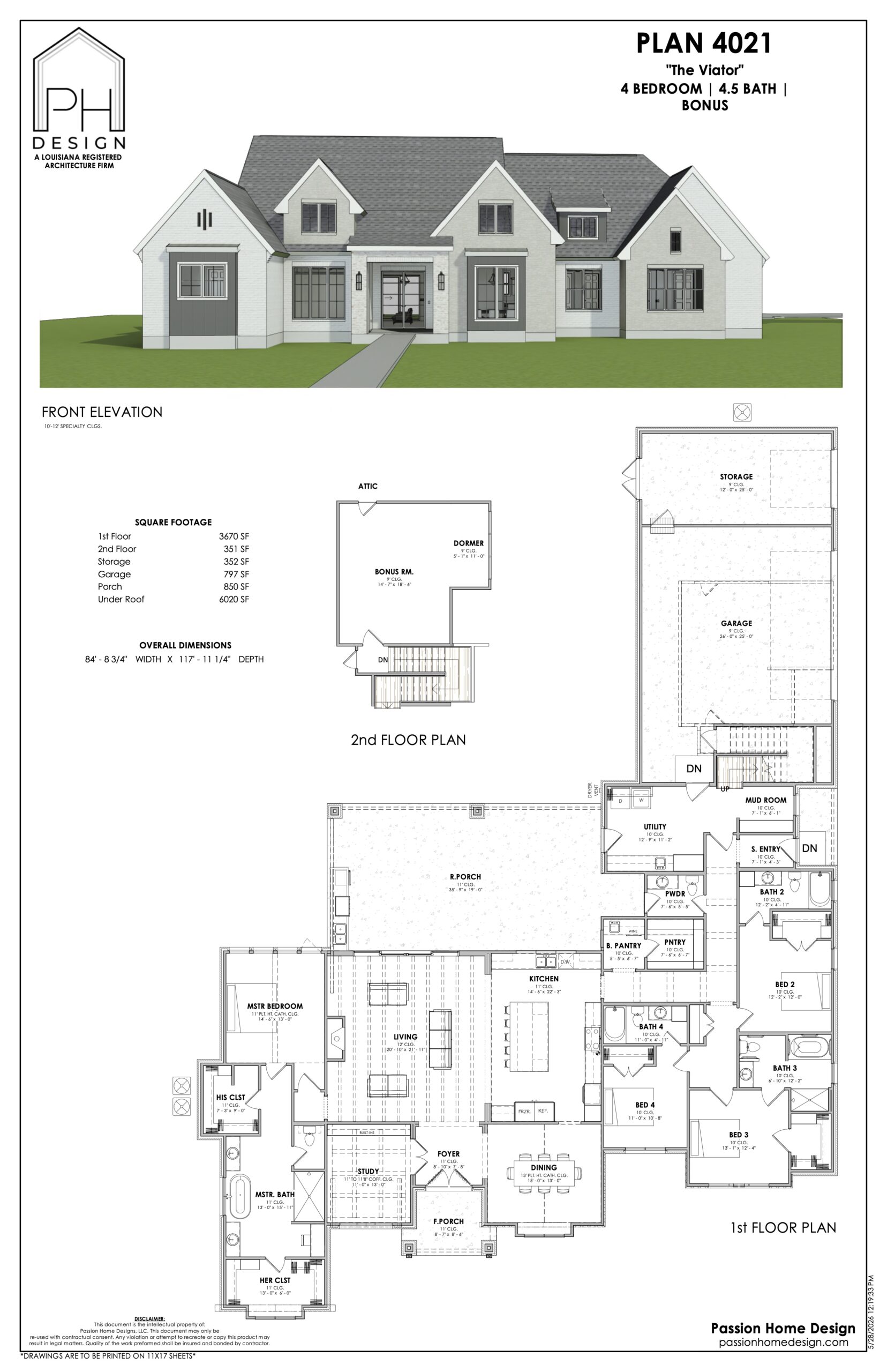 Architectural blueprint for Plan 4021, a two-story house with four bedrooms, 4.5 bathrooms, a bonus room, and attic. Includes front elevation view and labeled floor plans for the first and second floors.