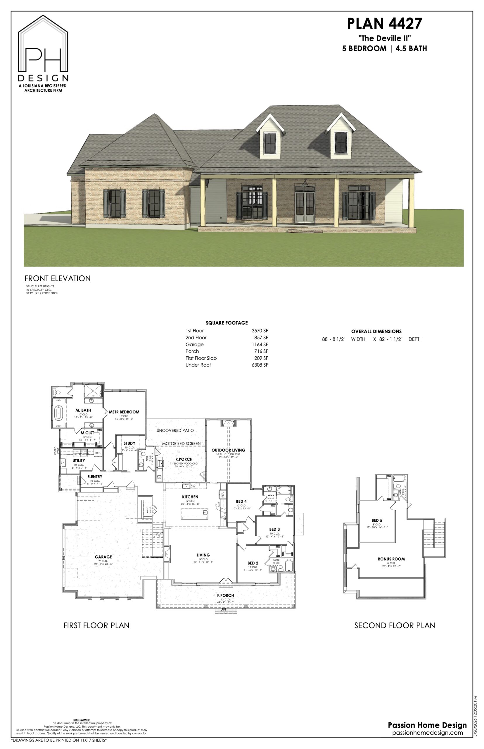 Architectural design sheet for a two-story, five-bedroom, 4.5-bath house. Includes a front elevation illustration and detailed first and second floor plans with labeled rooms, square footage, and overall dimensions.