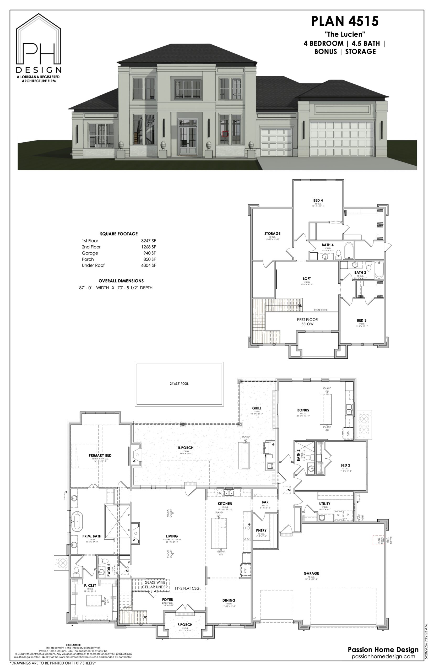Architectural plan for a two-story, four-bedroom home labeled "Plan 4515." Includes a front elevation view and detailed floor layouts with living spaces, bedrooms, bathrooms, kitchen, garage, and storage areas.