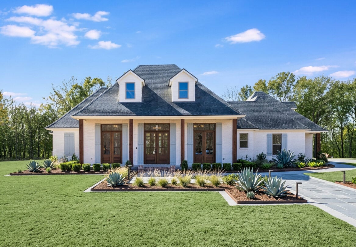 A single-story house with a dark gray roof, white brick exterior, large wooden front doors, dormer windows, and a covered porch. The yard features neatly trimmed grass, landscaping, and agave plants.