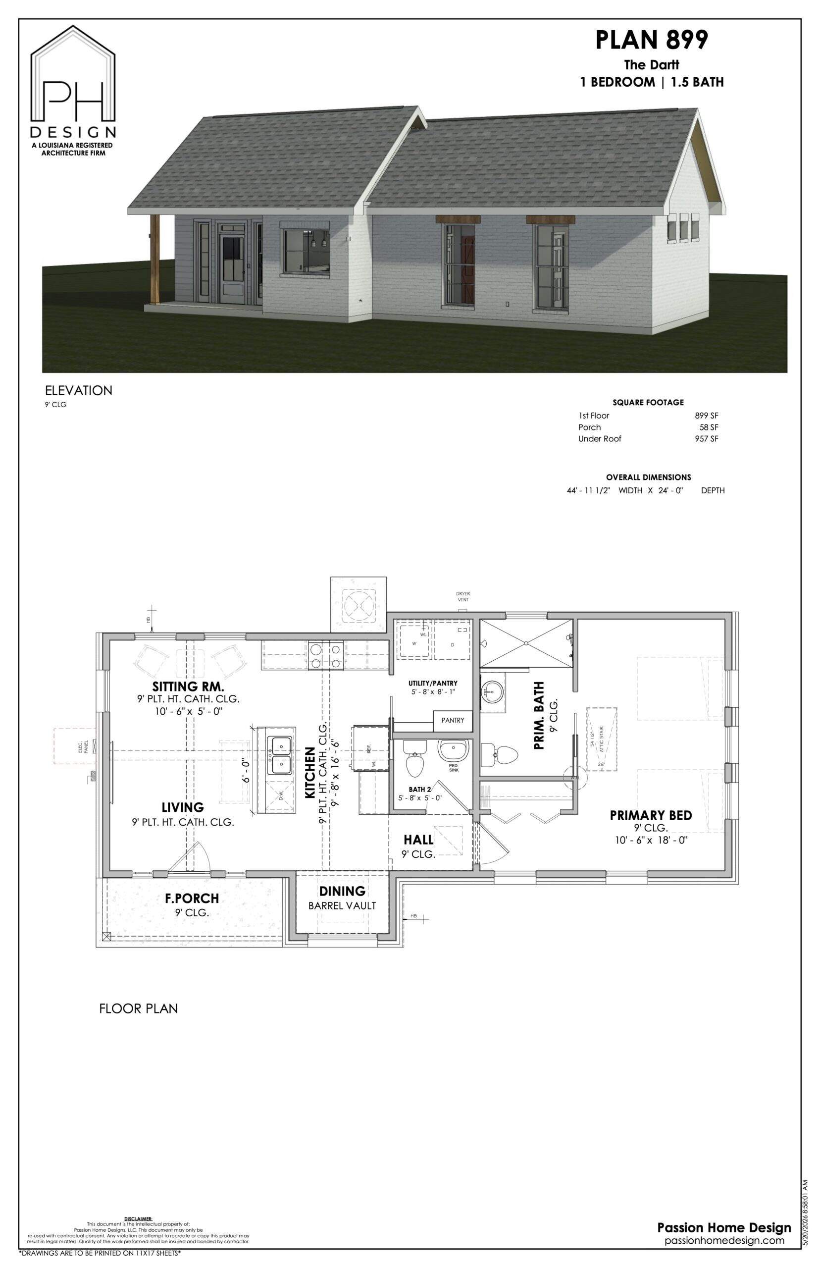 Architectural drawing of a single-story house with a pitched roof. The floor plan shows one bedroom, 1.5 bathrooms, a living room, kitchen, dining area, sitting room, and porch. Labels and measurements are included.