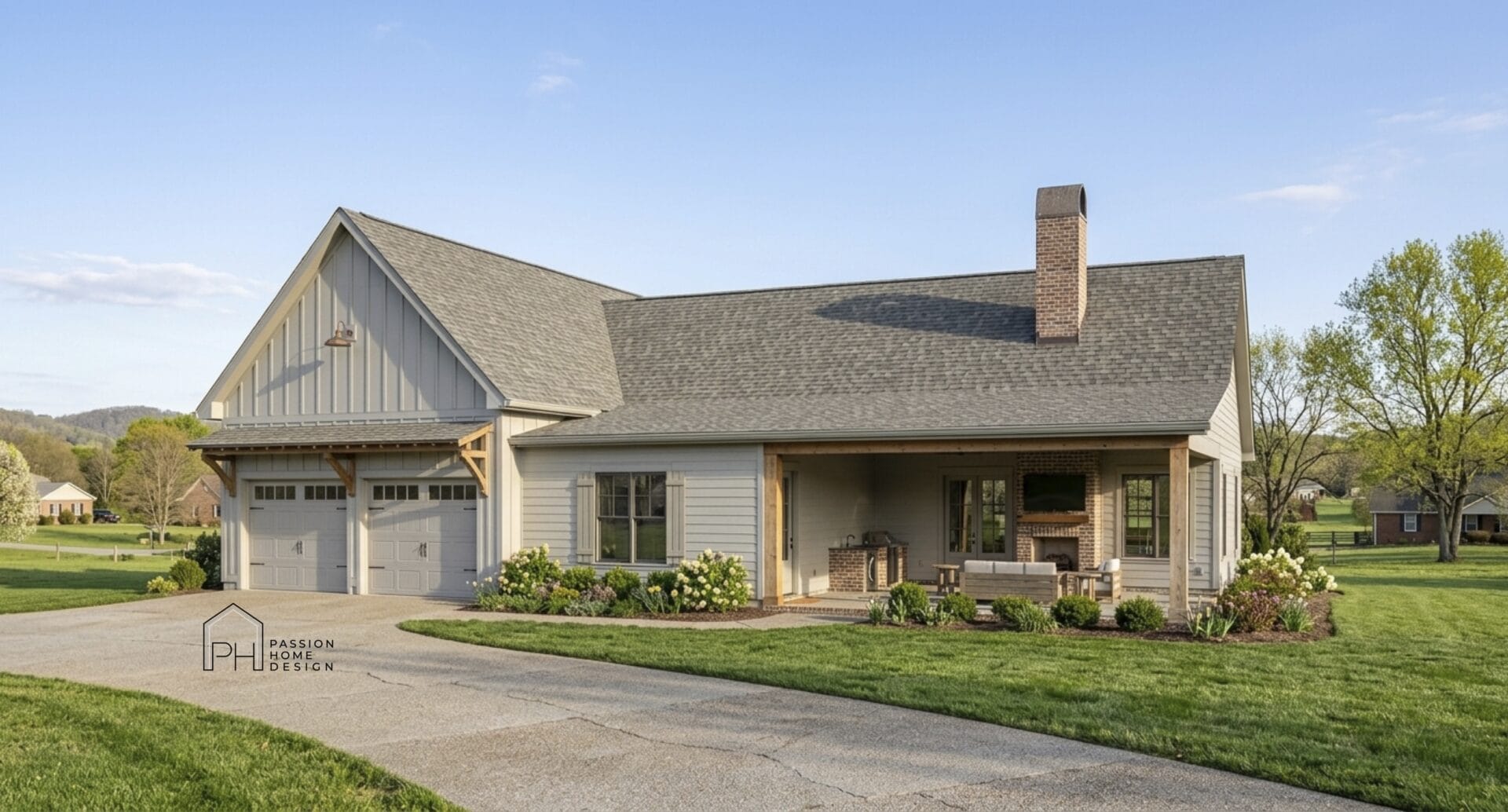 A single-story house with a two-car garage, large covered front porch, stone chimney, and gabled roof sits on a well-manicured lawn. The exterior is light-colored with wooden accents. Trees and neighboring homes are visible in the background.