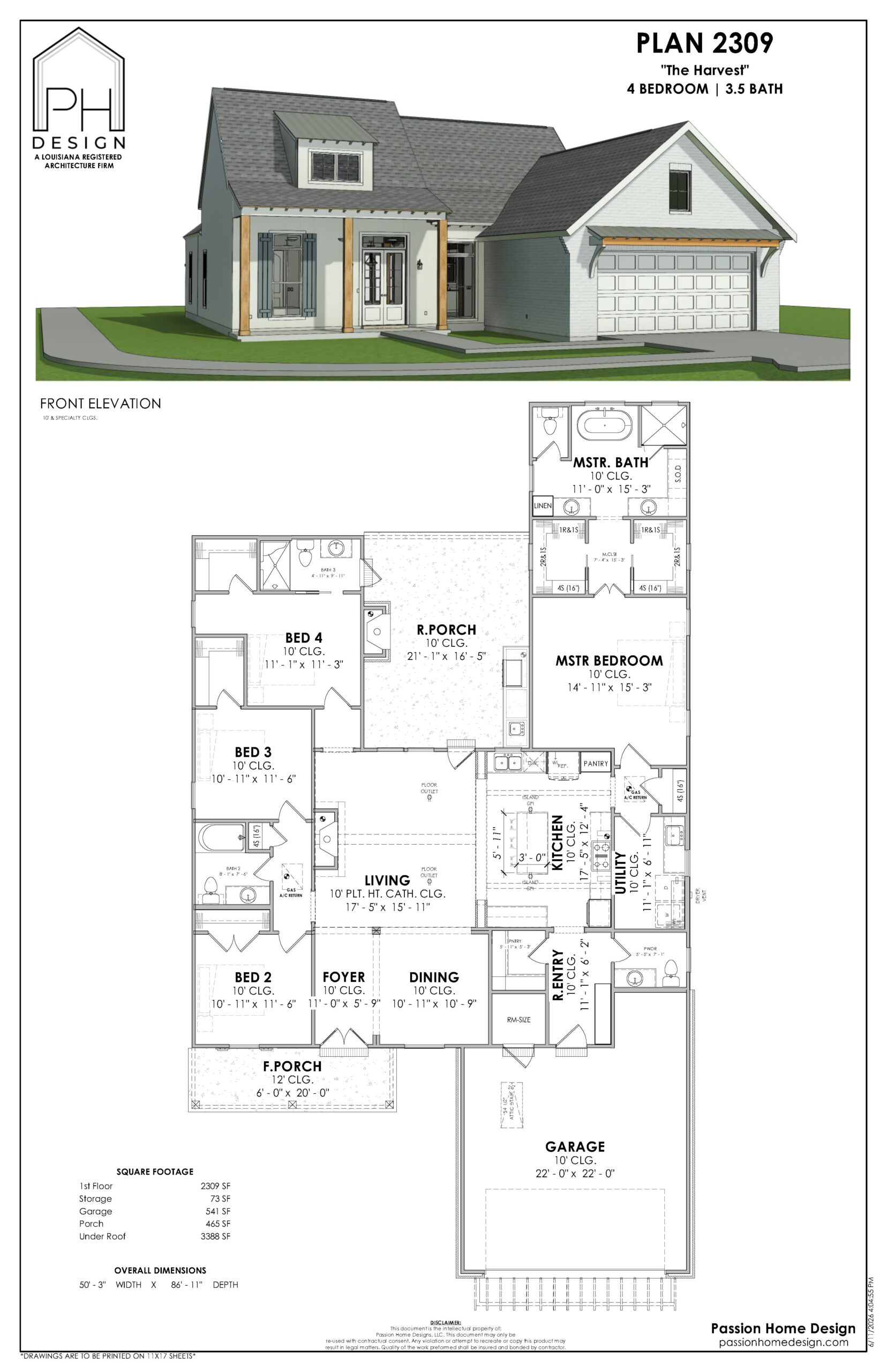Architectural plan for a single-story house, showing a 3D exterior view and detailed floor plan layout with four bedrooms, three and a half bathrooms, garage, porch, and labeled living areas.