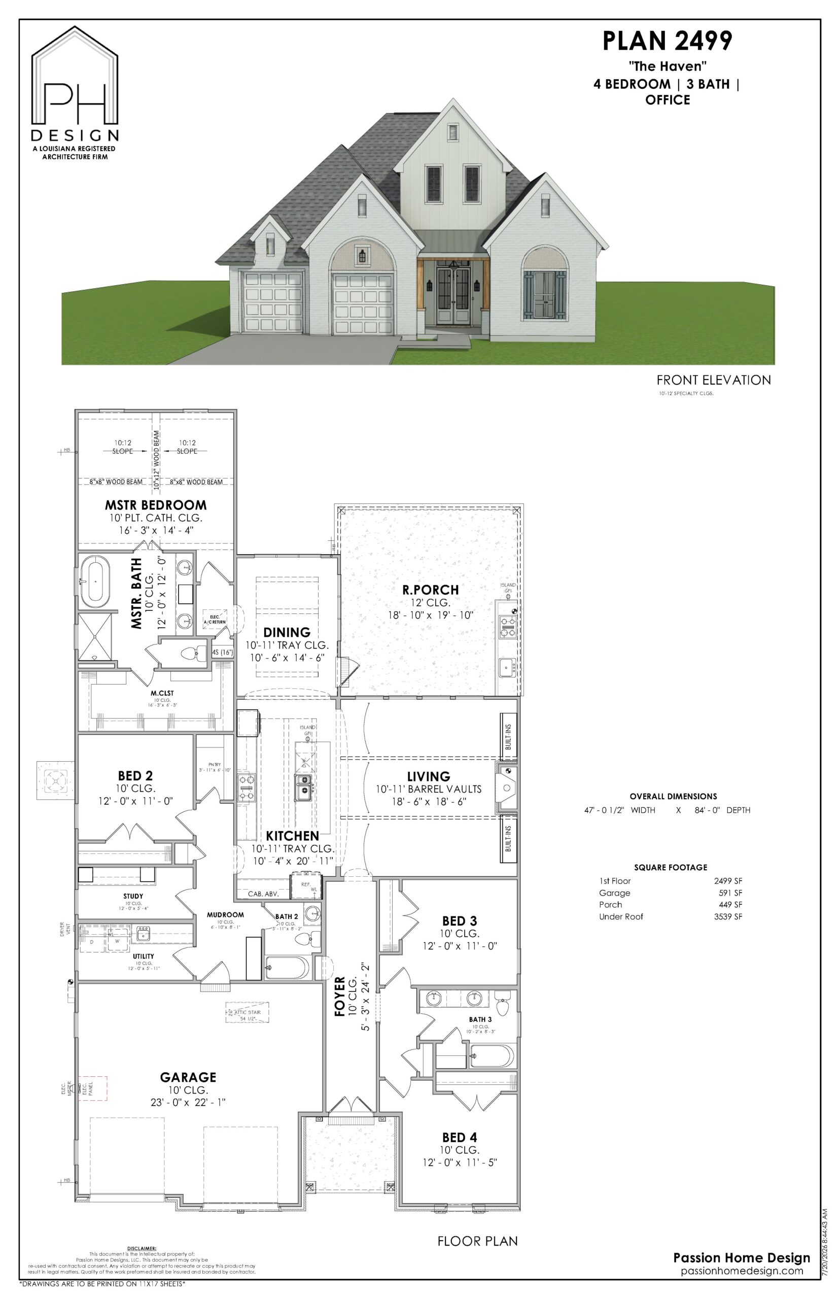 Architectural plan labeled "The Haven," showing the front elevation and a detailed floor plan of a single-story house with four bedrooms, three bathrooms, an office, a garage, a dining area, a rear porch, and other living spaces.