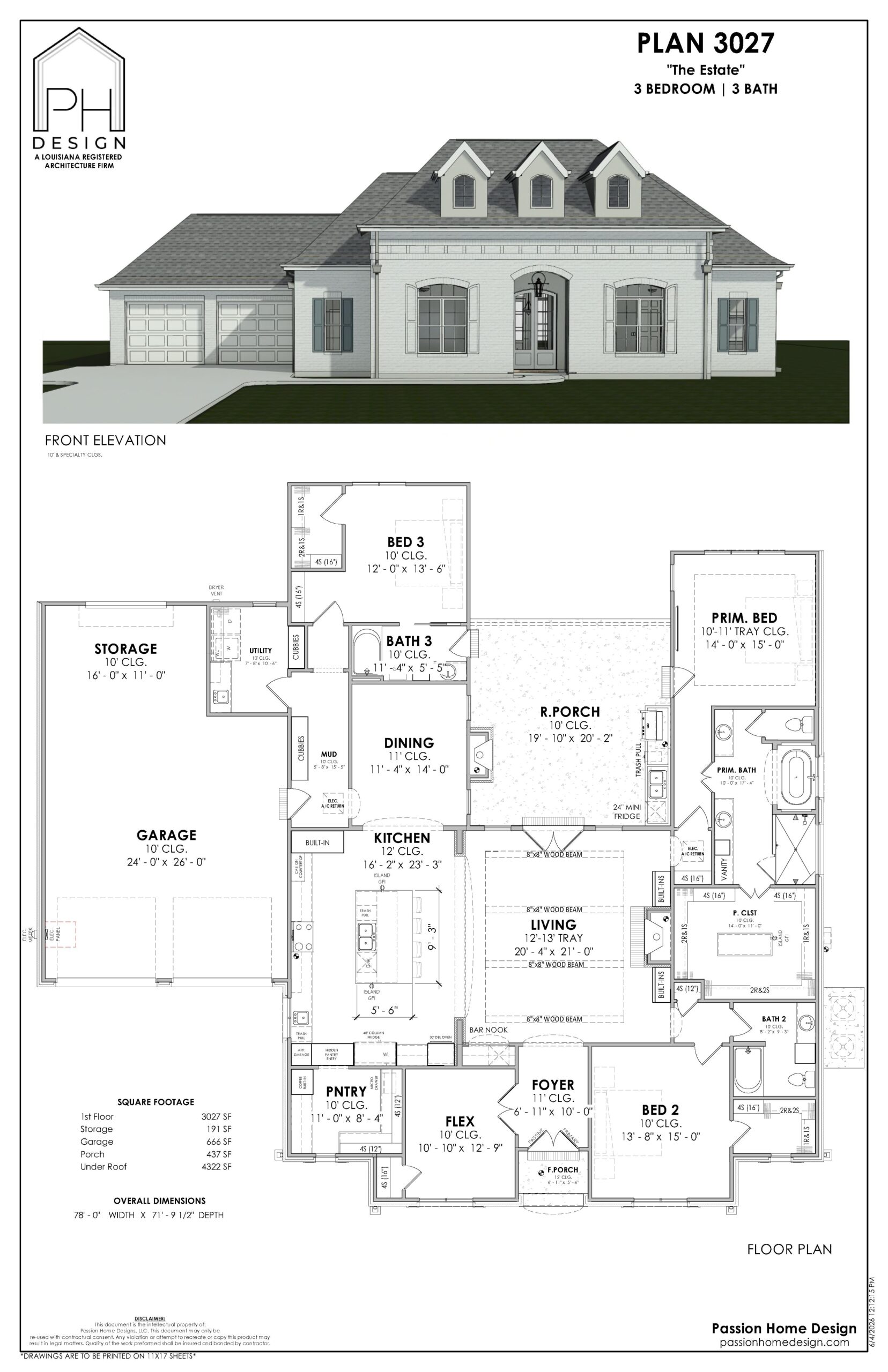 Architectural plan for a single-story house labeled “Plan 3027,” featuring a front elevation drawing above a floor plan with 3 bedrooms, 3 baths, garage, storage, kitchen, living, porch, foyer, and utility areas.