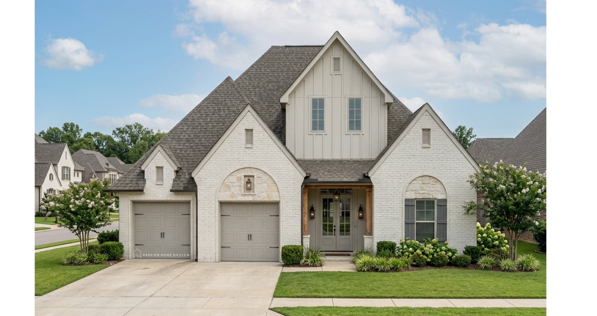 Two-story house with light brick exterior, double garage, gabled roof, and manicured lawn with shrubs. The front entrance has two columns and a covered porch. Neighboring homes and trees are visible in the background.