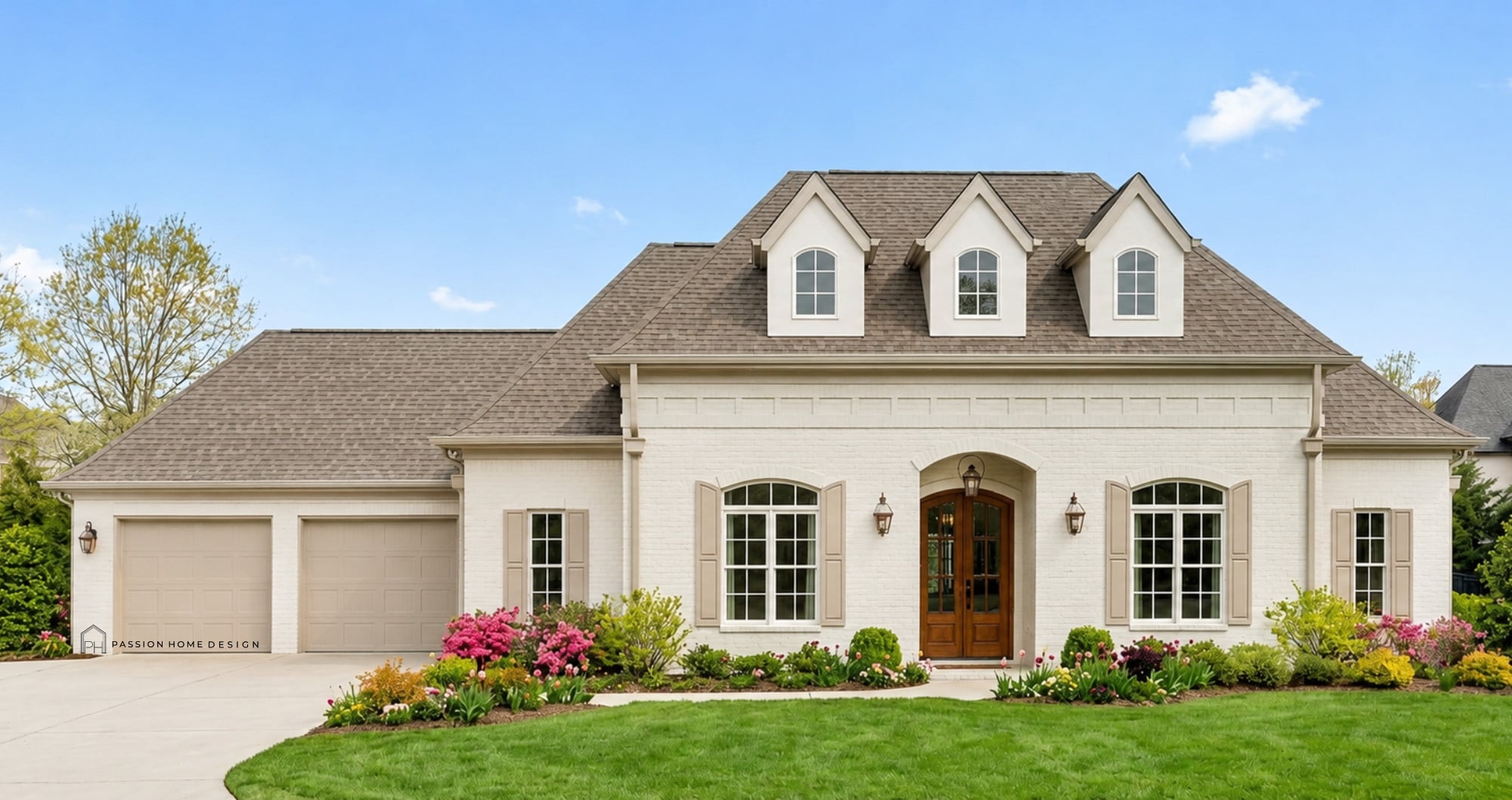 A two-story suburban house with light brick exterior, three dormer windows, a double garage, arched windows, a wooden front door, landscaped yard, flowering bushes, green lawn, and a clear blue sky.
