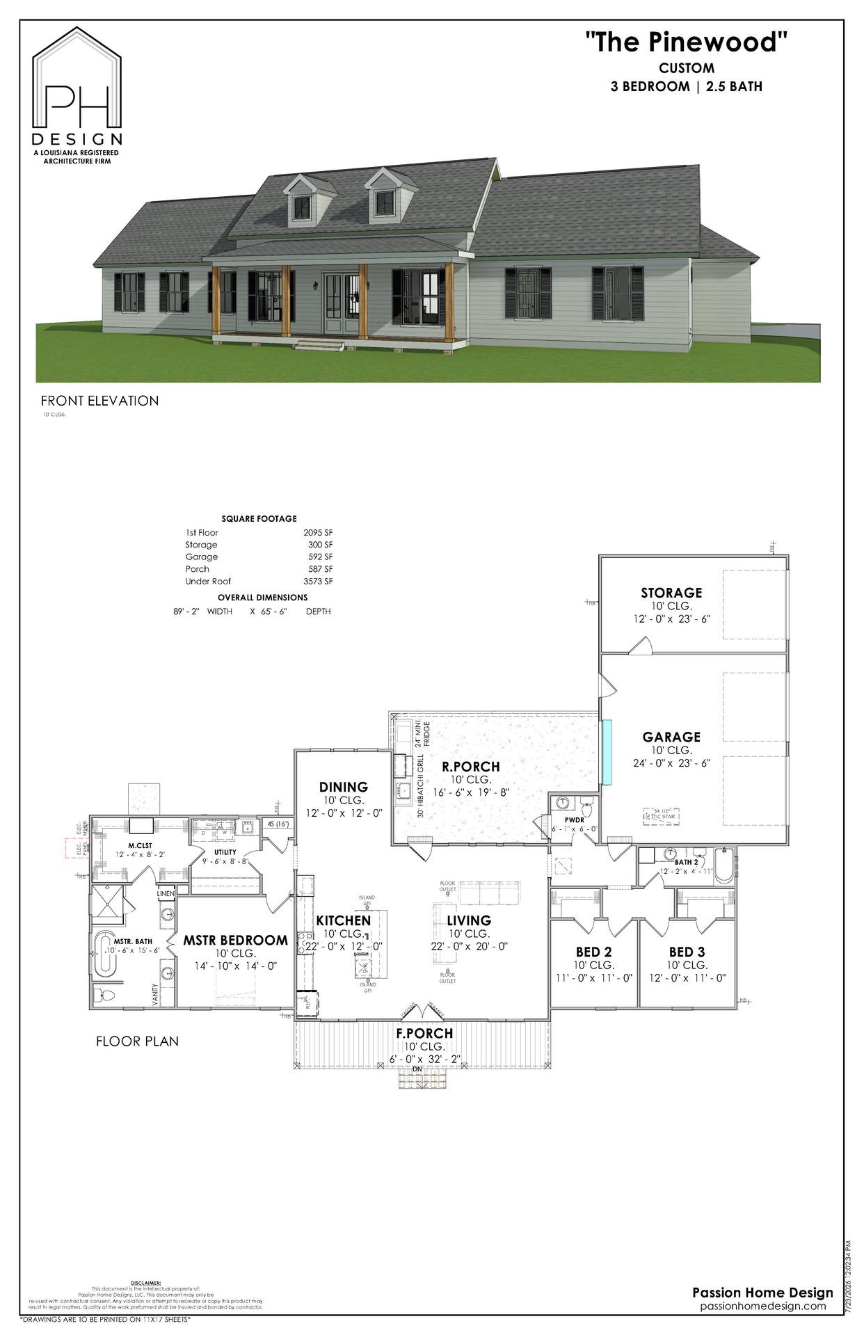 Architectural drawing for “The Pinewood” shows a 3-bedroom, 2.5-bath house with a front elevation and a labeled floor plan, including living, dining, kitchen, porch, garage, and storage areas.