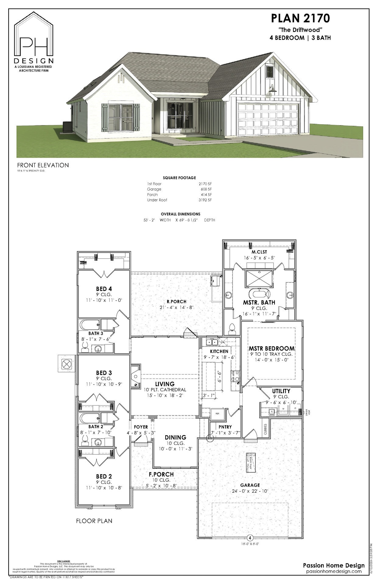 Architectural design sheet showing a 3D exterior rendering and floor plan for a single-story, four-bedroom, three-bath home with a front porch, garage, utility room, dining, living, and master suite.